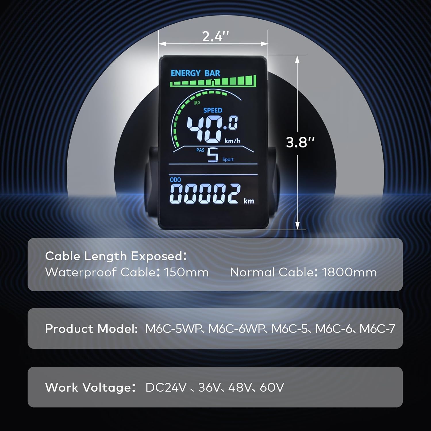 Mcezdy Ebike Display dimensions and specifications including cable length, product model, and work voltage