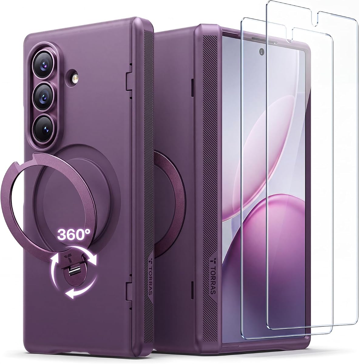 TORRAS 360 Spin Magnetic Stand Case for Galaxy Z Fold 8 Ultra, MIL-Grade | Hinge Protection, Compatible with MagSafe, 360 Kickstand, Hard Slim Protevtive, 2 Screen Protectors, Violet Purple