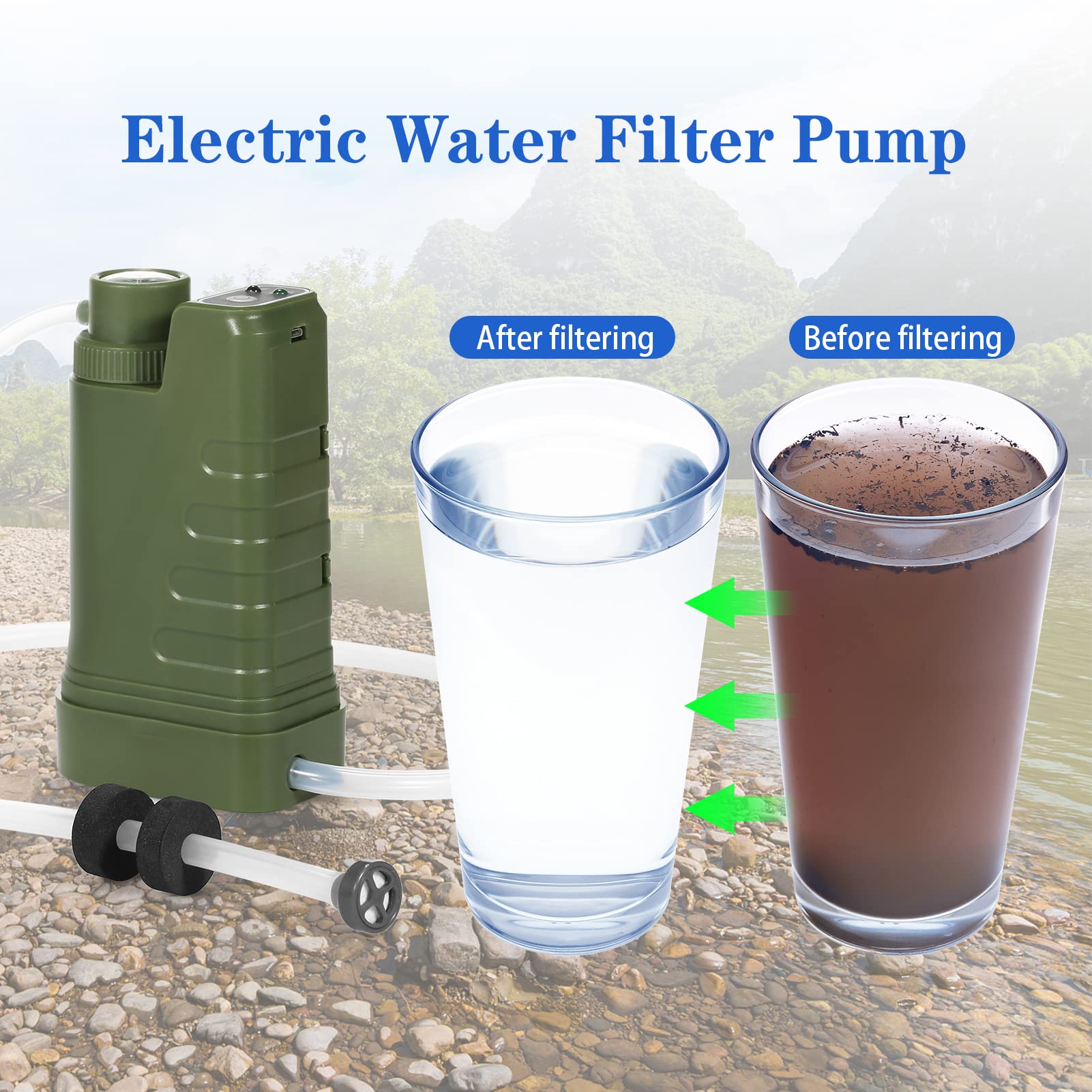 Jemora Sistema di filtraggio dell'acqua elettrico Kit di sopravvivenza Filtro dell'acqua portatile alimentato tramite USB con luce notturna e bussola per campeggio all'aperto Escursionismo Zaino in sp