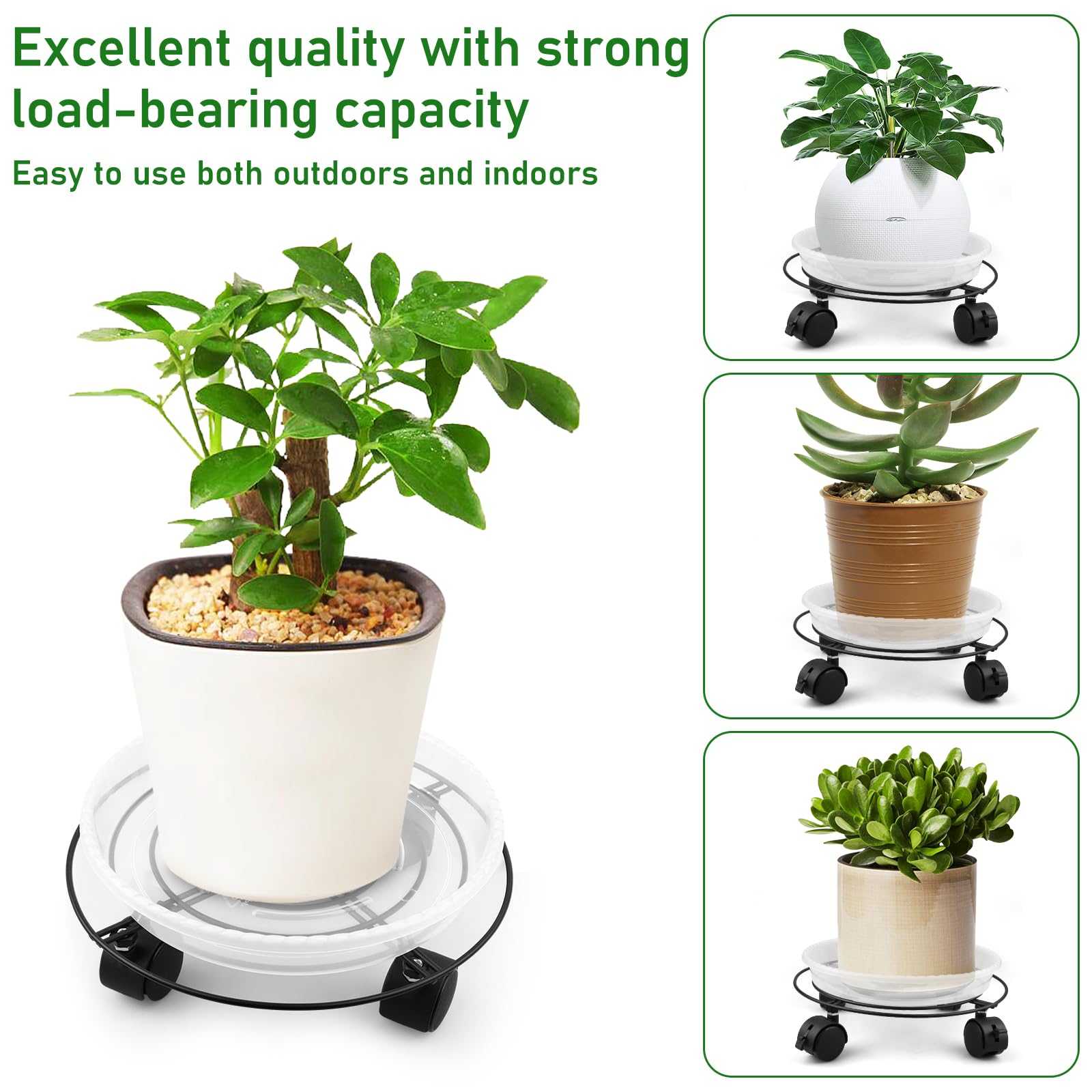 Lot 4 Grands Bacs à Plantes Métal 26,7 Cm Avec Roulettes – Chariot Jardin Intérieur/Extérieur + Soucoupes