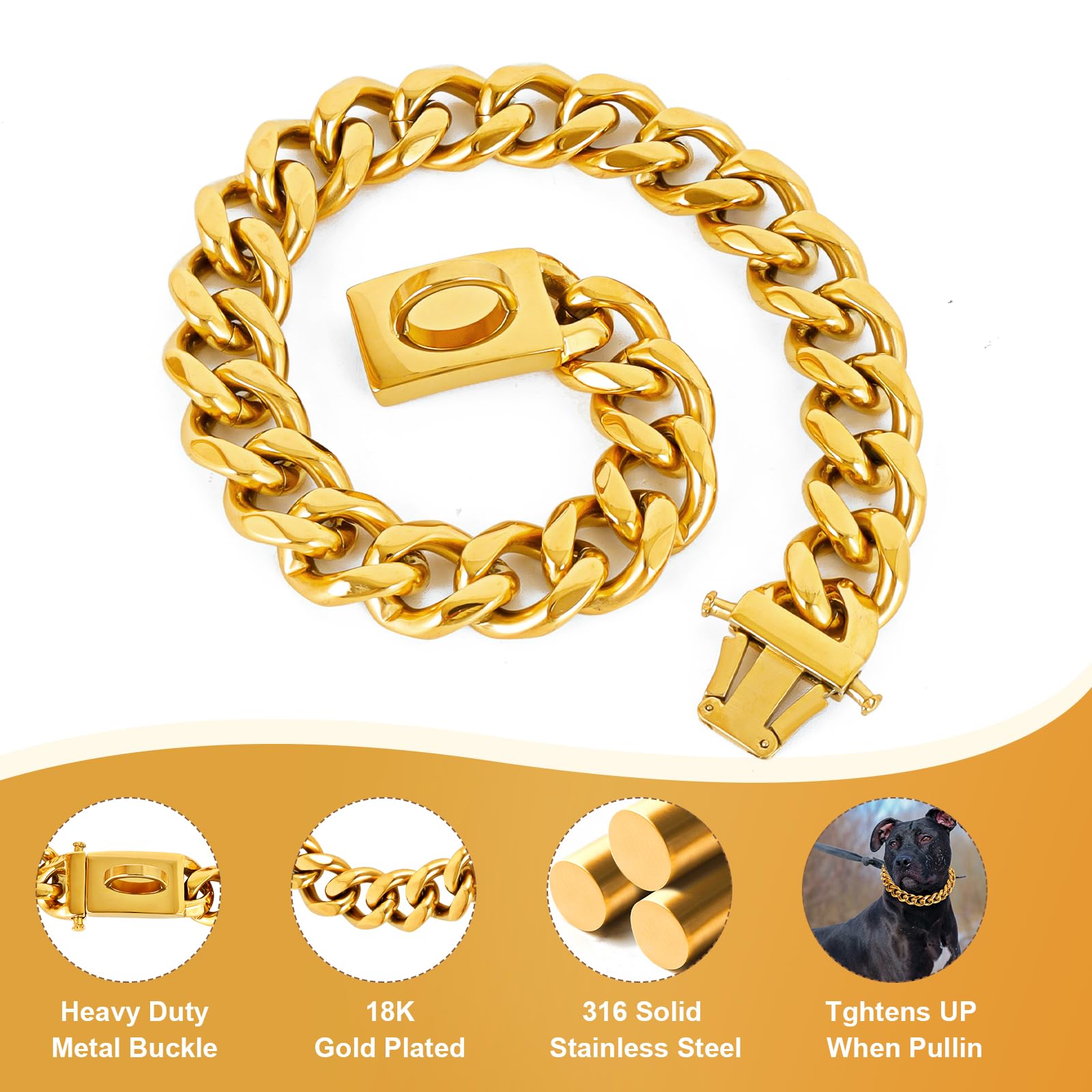 BAOBOTE Chaîne pour chien dorée à maillons cubains avec motif 20 mm