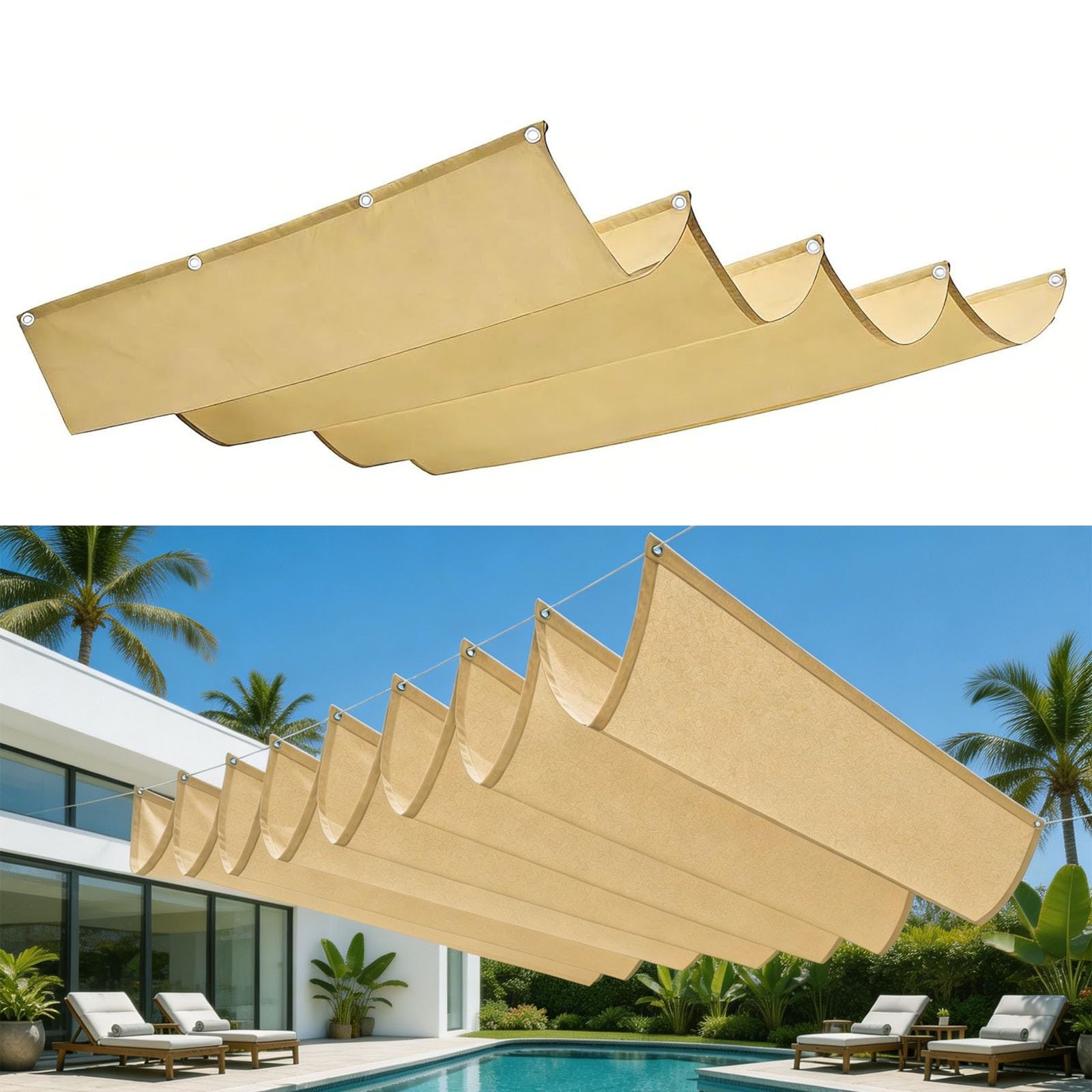 Voile d'ombrage rétractable vague 1.8x4m rectangulaire jaune sable pour patio