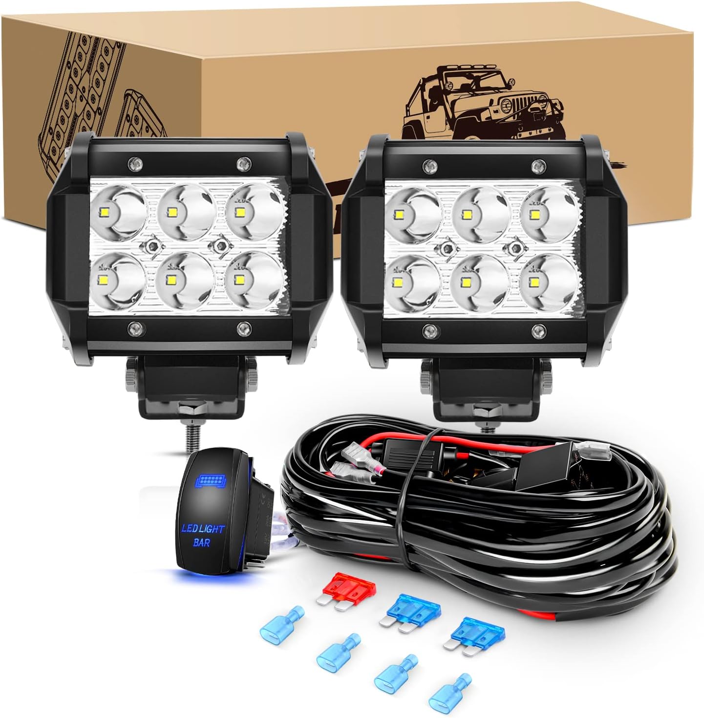 GOOACC 2PCS 18W LED Pods Spot Gentle Bar Fog Gentle Driving Lighting with 12V 5Pin Rocker Change Off Highway Wiring Harness-2 Leads for Truck Golf Cart SUV ATV UTV Boat, 2 Years Guarantee (Auto-606)
