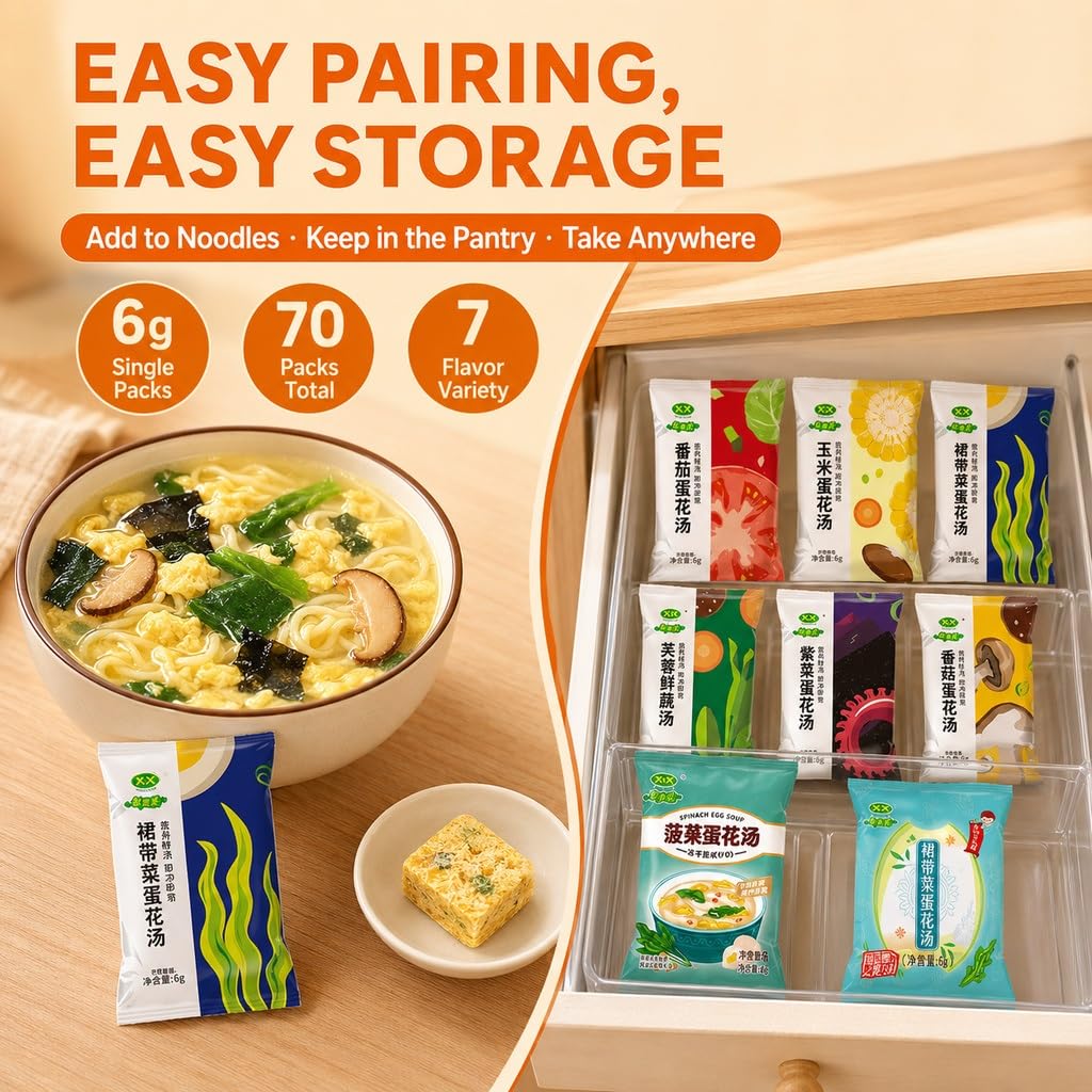 Mezcla De Sopa Instantánea Huevo 7 Sabores (0.21 Oz X 10 Bolsas Cada Una) | Liofilizado, No Frito, Preparación Rápida