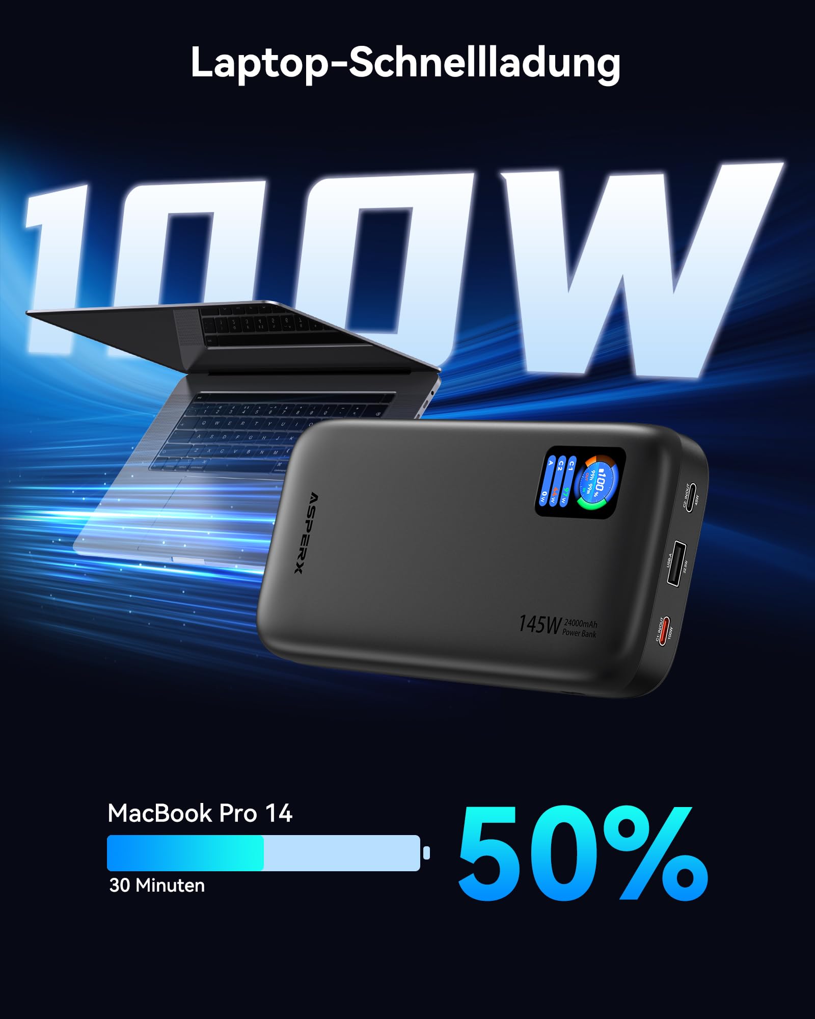 AsperX 100W 24000mAh Powerbank für Laptop MacBook iPad iPhone 17/16/15/14 | Gesamtleistung 145W PD3.1 Schnelllade Power Bank,USB C -Ein und Ausgang,LED Display,Flugzeugtauglich,CCC Zertifiziert