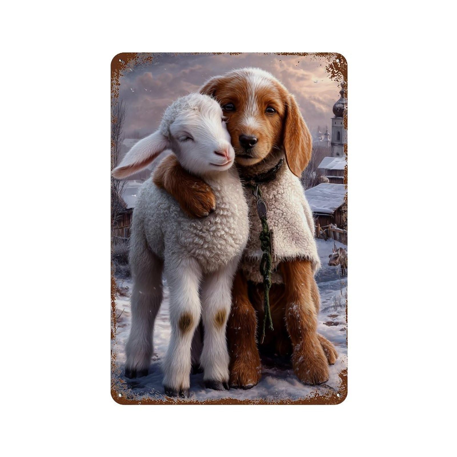 Winter Friendship Lamb And Puppy Weathered Tin Sign 11.8"x7.9", Farmhouse Wall Decor for Garage, Pub Or Kitchen