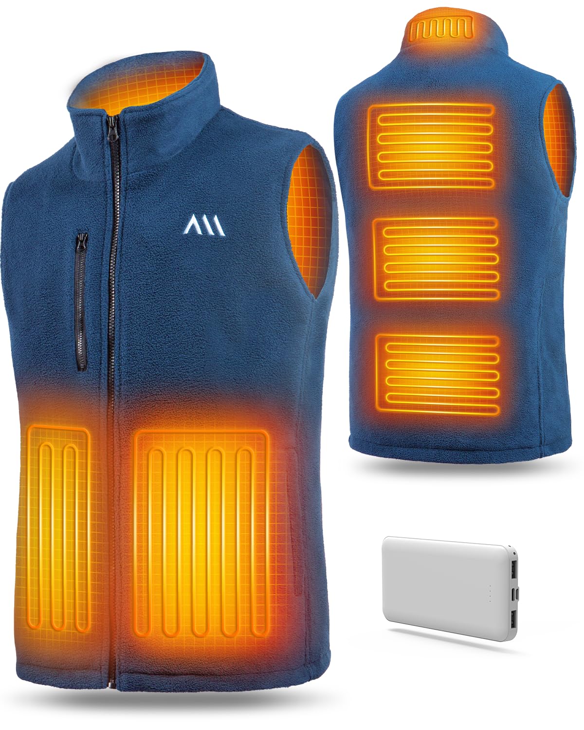 UNBON Verwarmd fleecevest, warmtevest voor heren, warmtevest met powerbank, 10.000 mAh USB, verwarmd vest met 3 temperaturen, 6 verwarmingszones, blauw, S