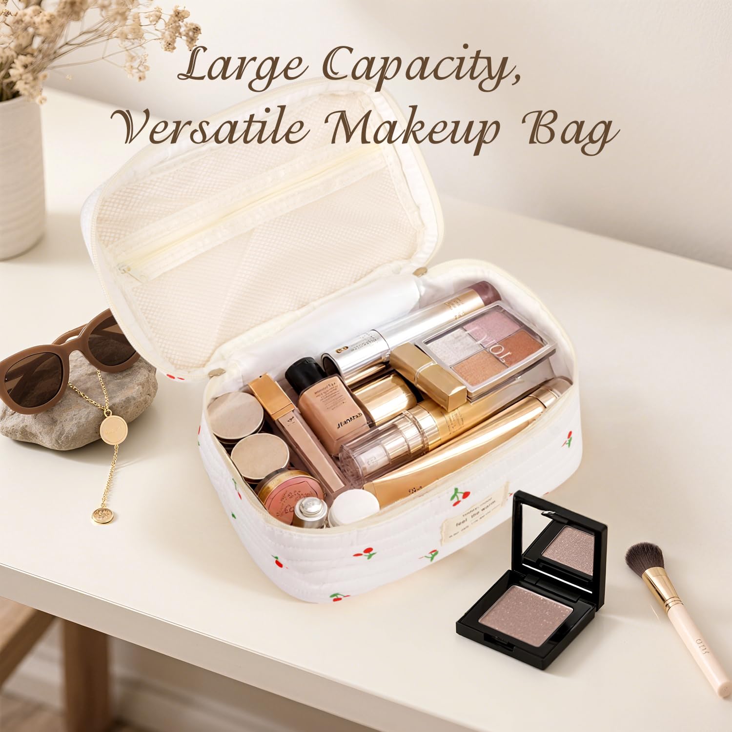 Givurao Bolsa de maquillaje acolchada de viaje grande para mujer, bolsa de cosméticos de algodón floral, bolsa organizadora de artículos de tocador estéticos florales, Cereza dulce, grande, 3 unidades