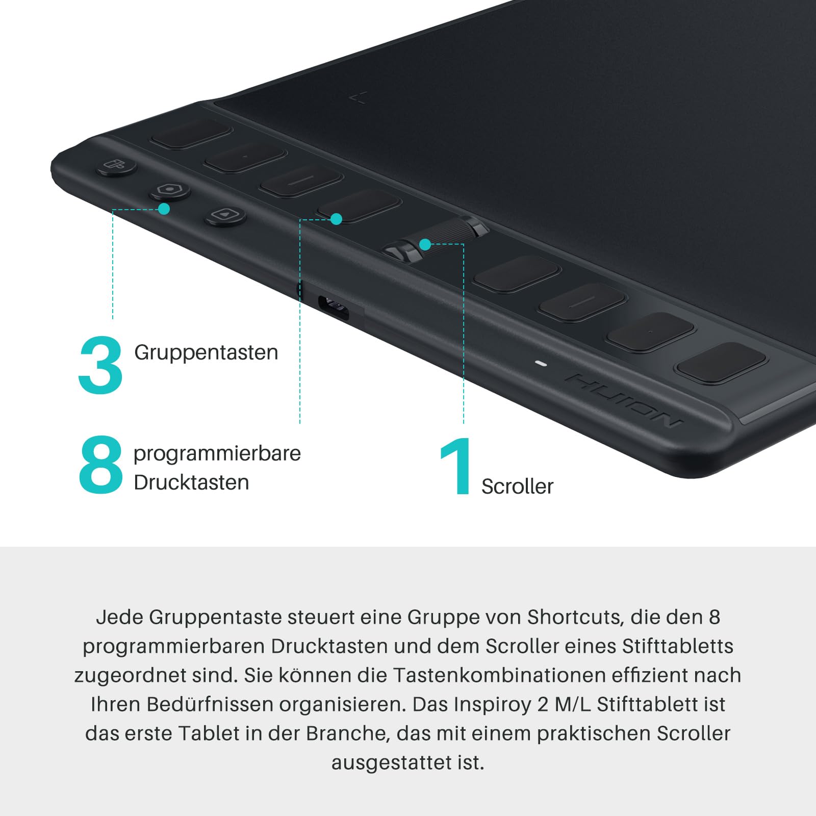 HUION Inspiroy 2 M Grafiktablett, 8 Tasten + Scroller, Schwarz
