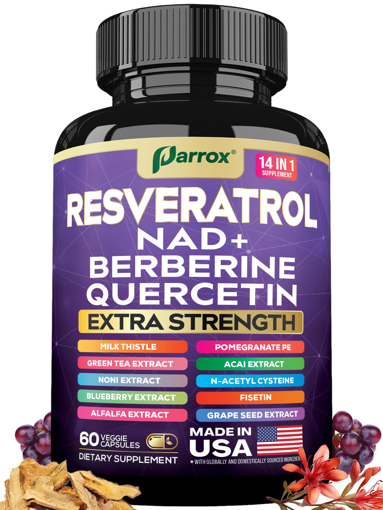 Parrox Suplemento de Resveratrol com NAD+, Berberina e Quercetina, 60 cápsulas
