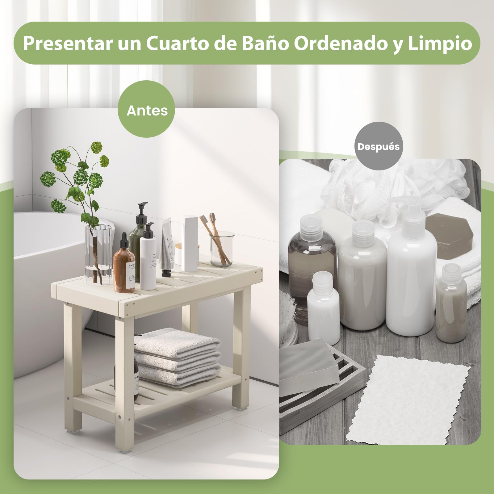 GOPLUS Taburete de Ducha de 2 Niveles, Taburete de Ducha con Estante para Baño, SPA y Afeitado de Piernas, Color Blanco y Marrón (61 x 31 x 49 cm) (Blanco)