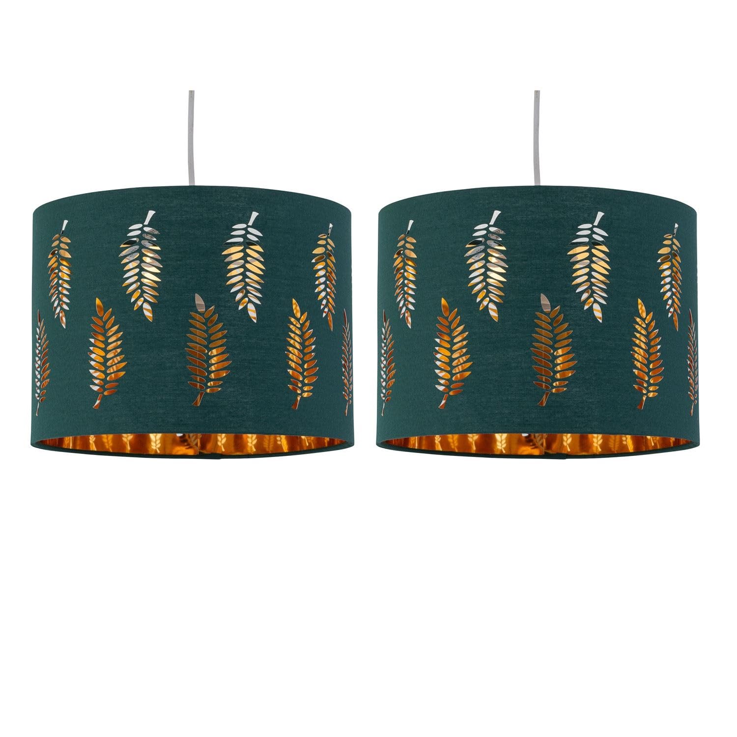 Set of 2 Dark Green Pendant Shades, Easy Fit Ceiling Lightshades, Fern Leaf Cut Out Design, Diameter 25cm