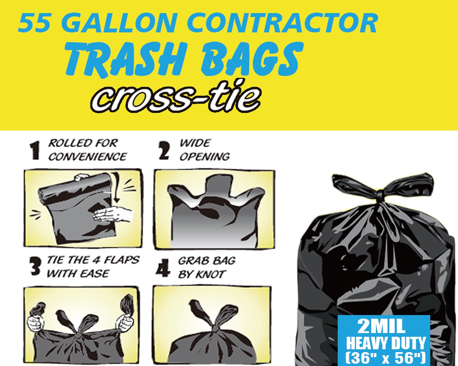 Bolsas de basura para contratistas, resistentes de 55 galones, 26 unidades, 2 milésimas de pulgada, 36 x 56 pulgadas, bolsas de basura grandes negras para negocios, hogar, comerciales, contratistas