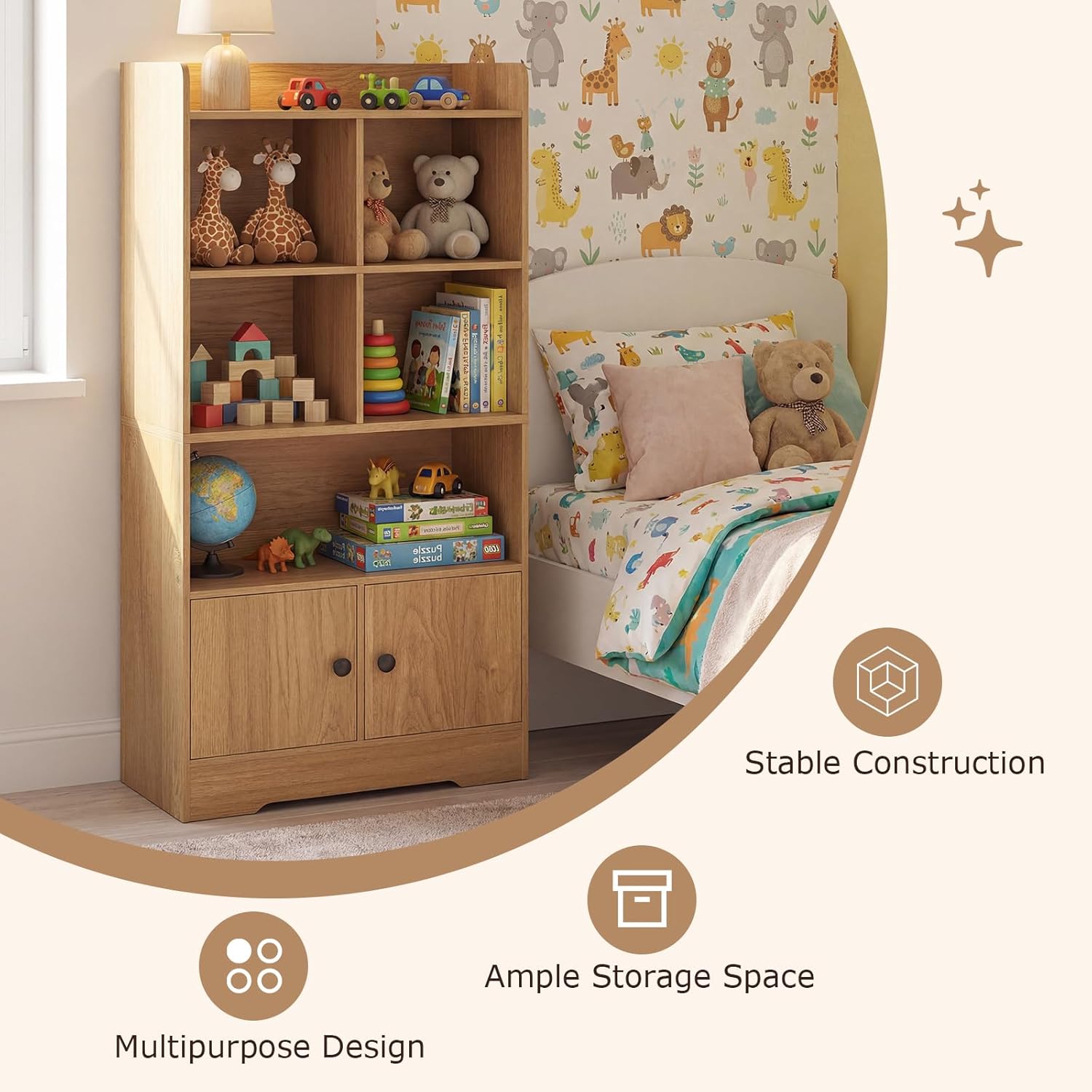 Costzon Kids Toy Storage Cabinet, 47.5" Tall Bookcase with 5 Open Compartments & 2 Doors, Multifunctional Display Shelf Toy Organizer for Playroom, Nursery, Bedroom, Living Room, Study (Natural)