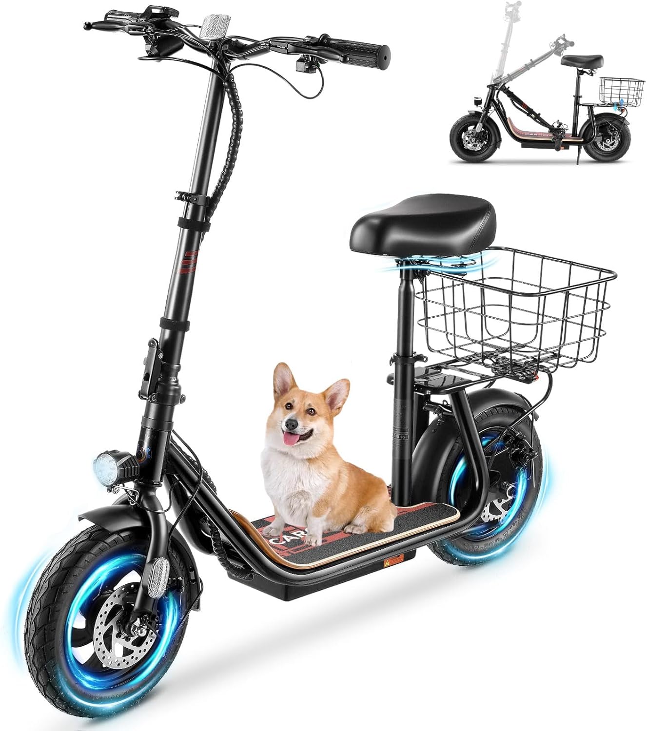 Caroma Peak 1200W/800W Electric Scooter with Seat, 30 Miles Max Range Electric Scooter Adults&Teens, 20MPH Top Speed Foldable Ebike, Adjustable E-Bike with Basket&Kid Seat, Commuter Escooter