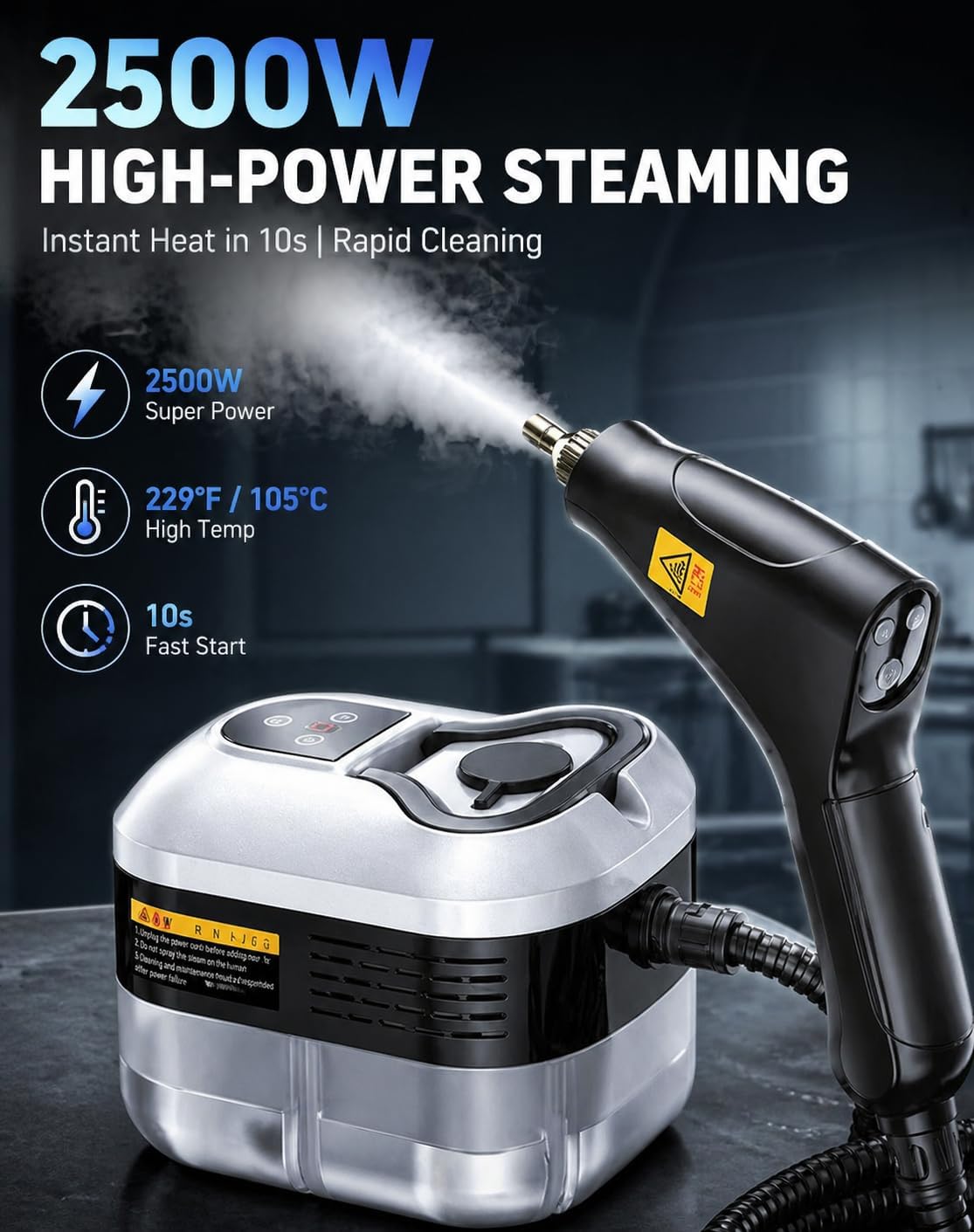 Handheld Steam Cleaner, 2500W High Temperature Pressurized Steamer for Cleaning with 6 Adjustable Levels, Portable Power Steam Machine for Home, Car Detailing, Kitchen Grease, Grout, Tile (Black)