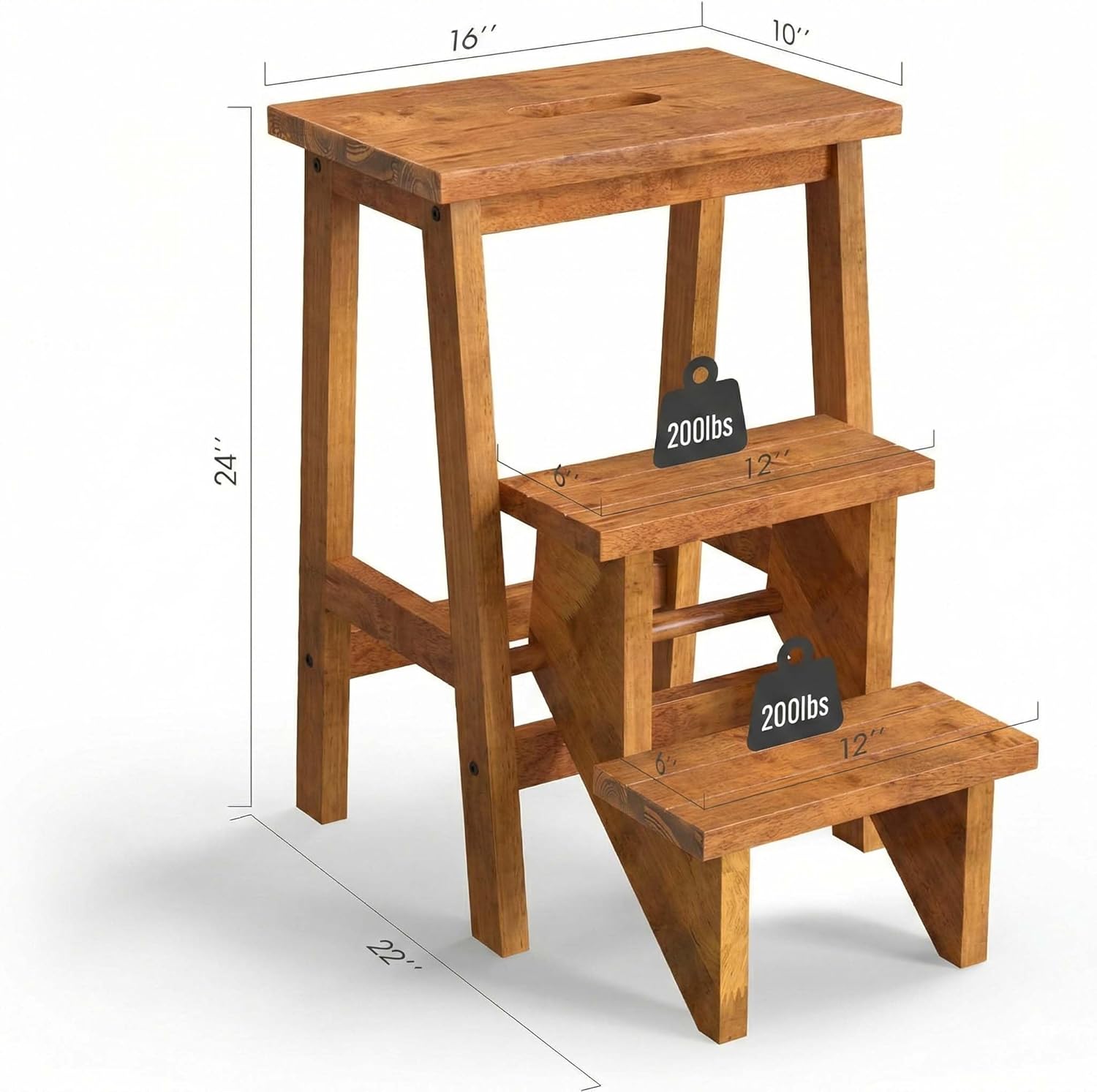 SIMOE Folding 3 Step Stool, 3 in 1 Wooden Step Ladder with Handle, Non-Slip Pedal, Multifunctional Storage Shelf, Flower Rack for Kitchen, Library, Garage