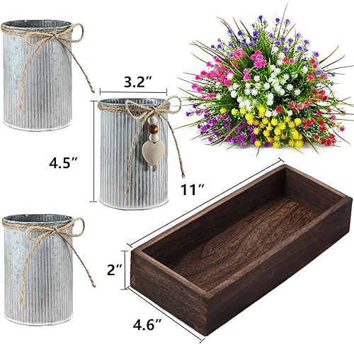 Miniatura 4 de CALAVAK Centro de mesa decorativo de madera con 3 macetas de metal artificiales para el aliento del bebé, plantas de gypsophila, decoración rústica