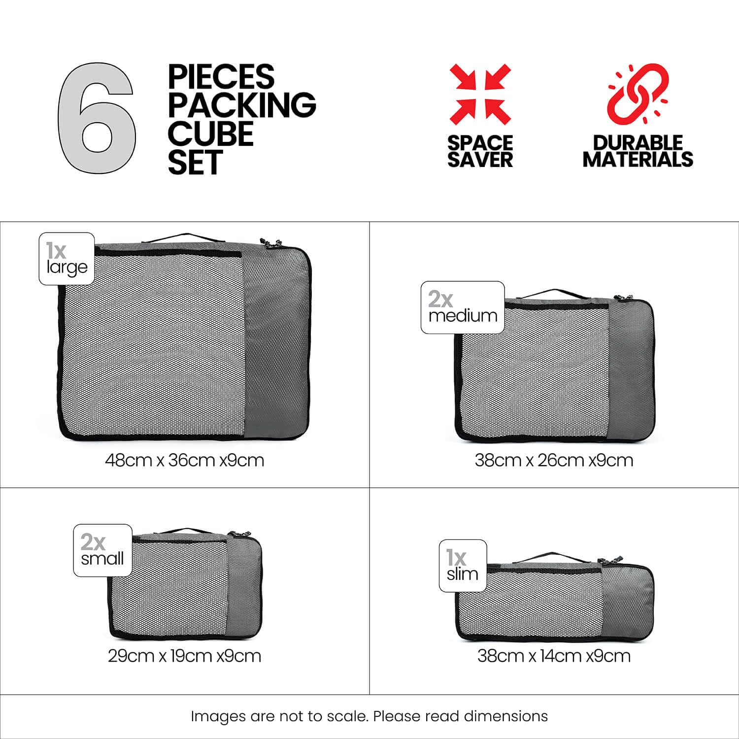 FATMUG Polyester Packing Cubes Travel Bag Organiser Set Of 6 (1 Large, 2 Medium, 2 Small And 1 Slim) -Grey