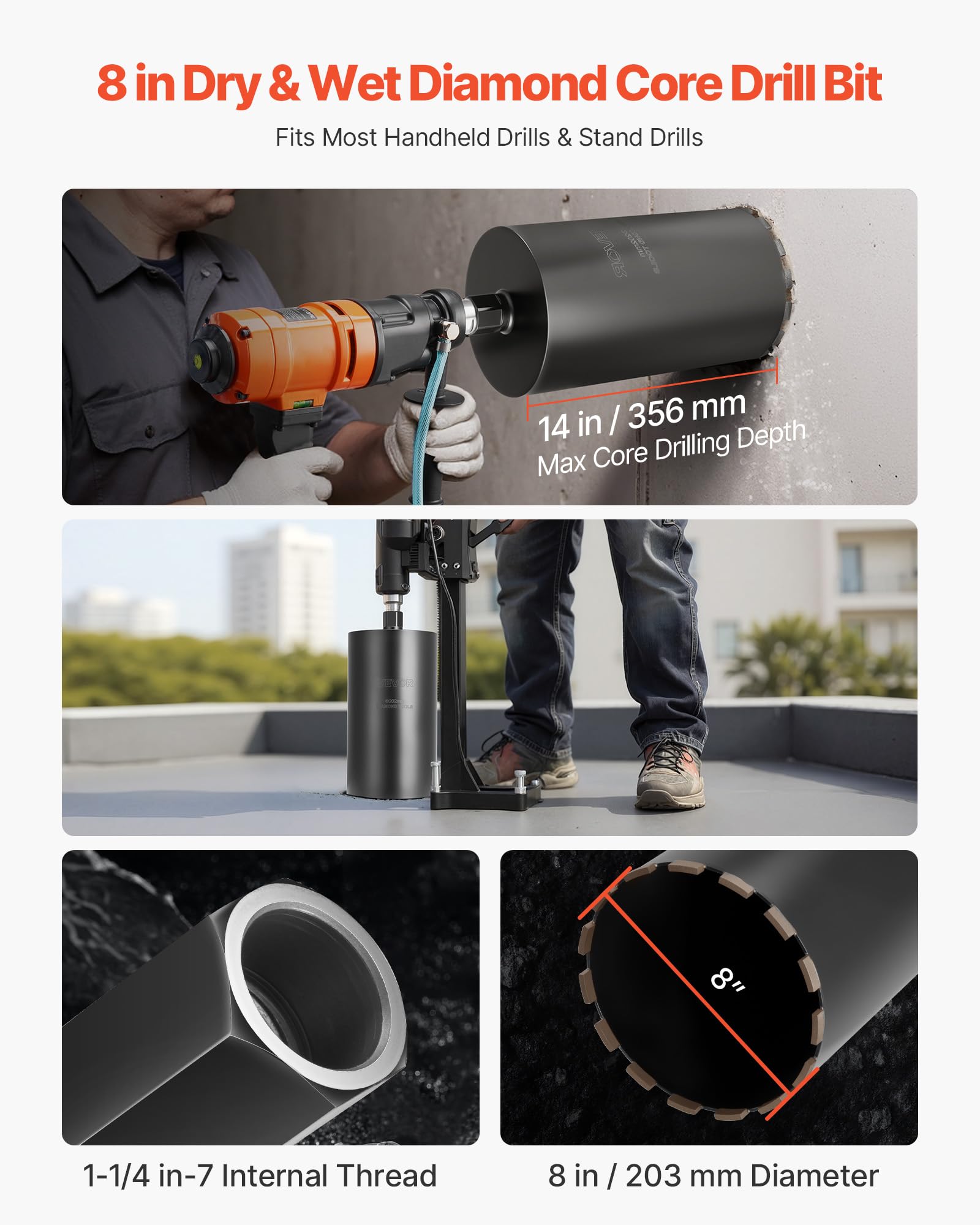 VEVOR Broca de Diamante para Perforación en Húmedo, 203 mm de Diámetro, 356 mm Profundidad de Perforación, Tecnología de Soldadura de Alta Precisión, para Hormigón Armado, Ladrillo y Mampostería