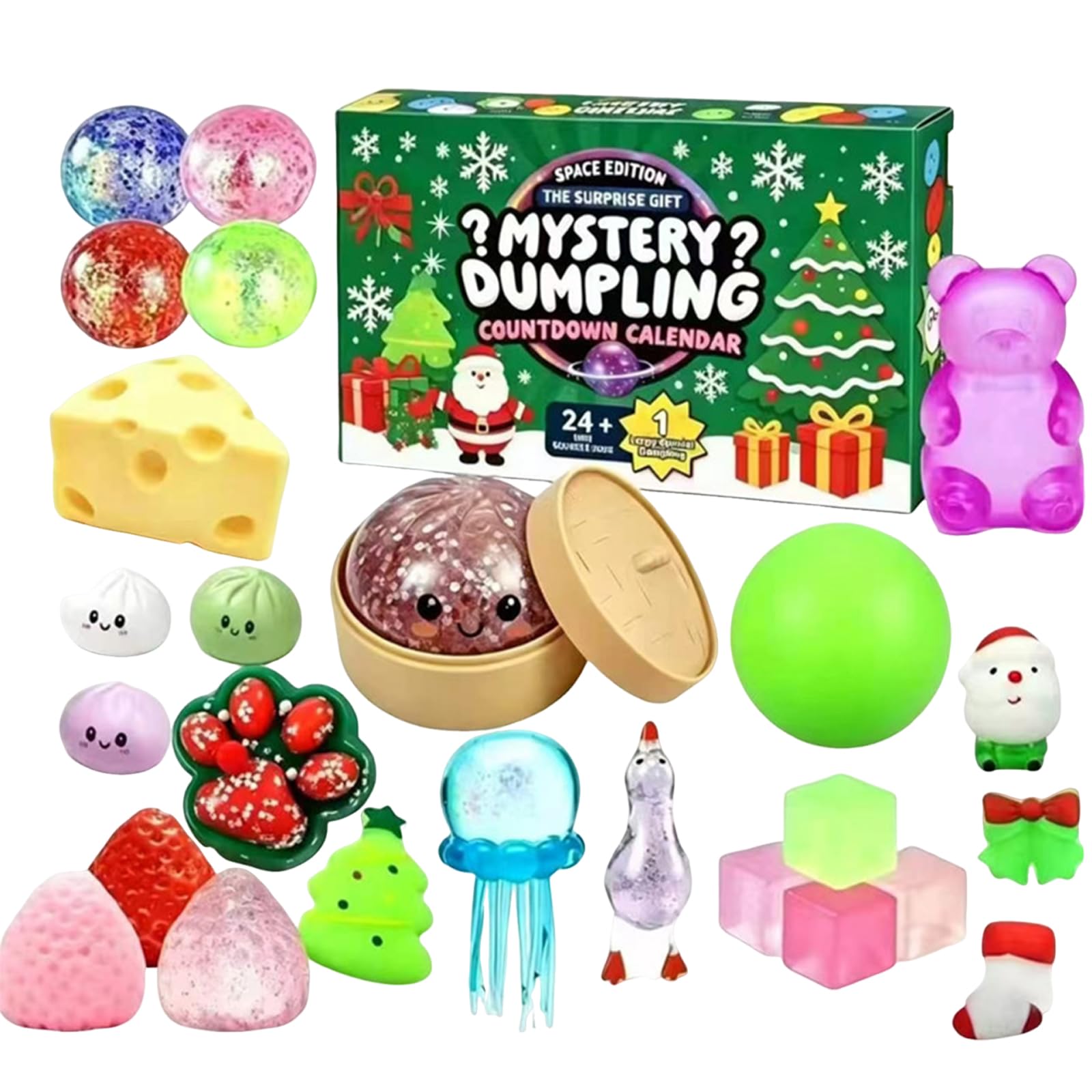 24Pcs Mystery Dumplings Squishy Box, 2026 Dumpling Squishies Advent Calendar with Real Multi Purpose Bao Bun, Sensory Squeeze Balls Set for Anxiety Stress Relief, Surprise Holiday Countdowns Gift