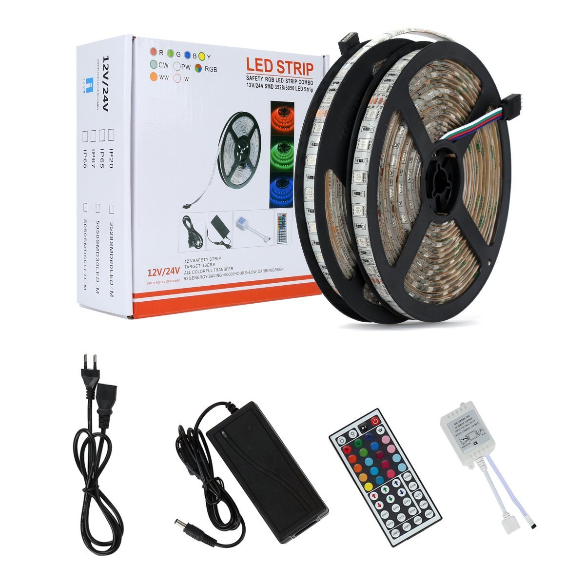 Nexlux 32.8ft/10M RGB Led Strip Light Kit ,SMD5050 Flexible RGB Color Changing Rope Light & 44Key Remote Controller & 24V Power Supply (600leds Waterproof)