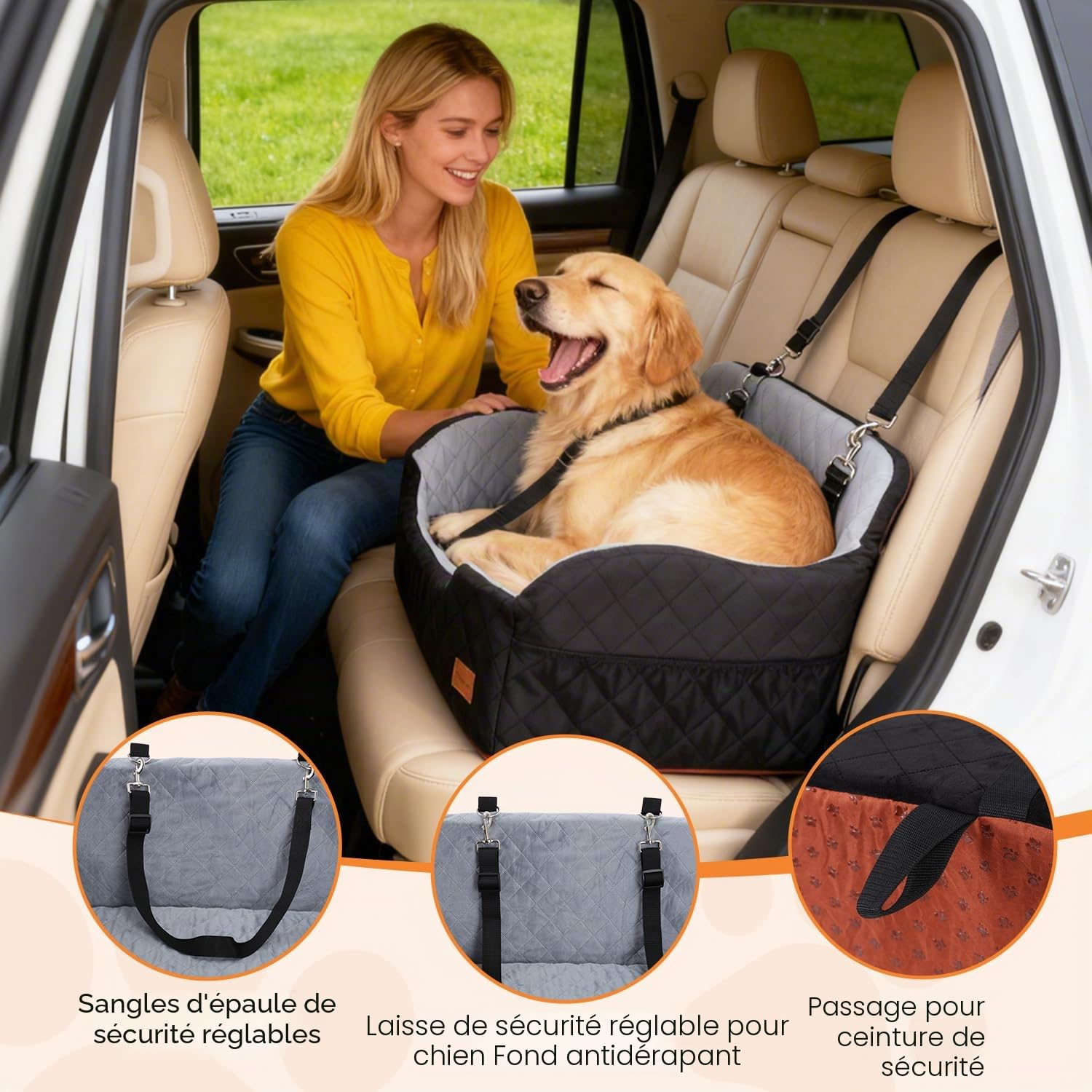 Siège Auto pour Chien de Moins de 25 kg, 80 x 50 x 42 cm | Cojín de 71 x 42 x 10 cm, funda extraíble y lavable, base antideslizante, 2 correas de seguridad