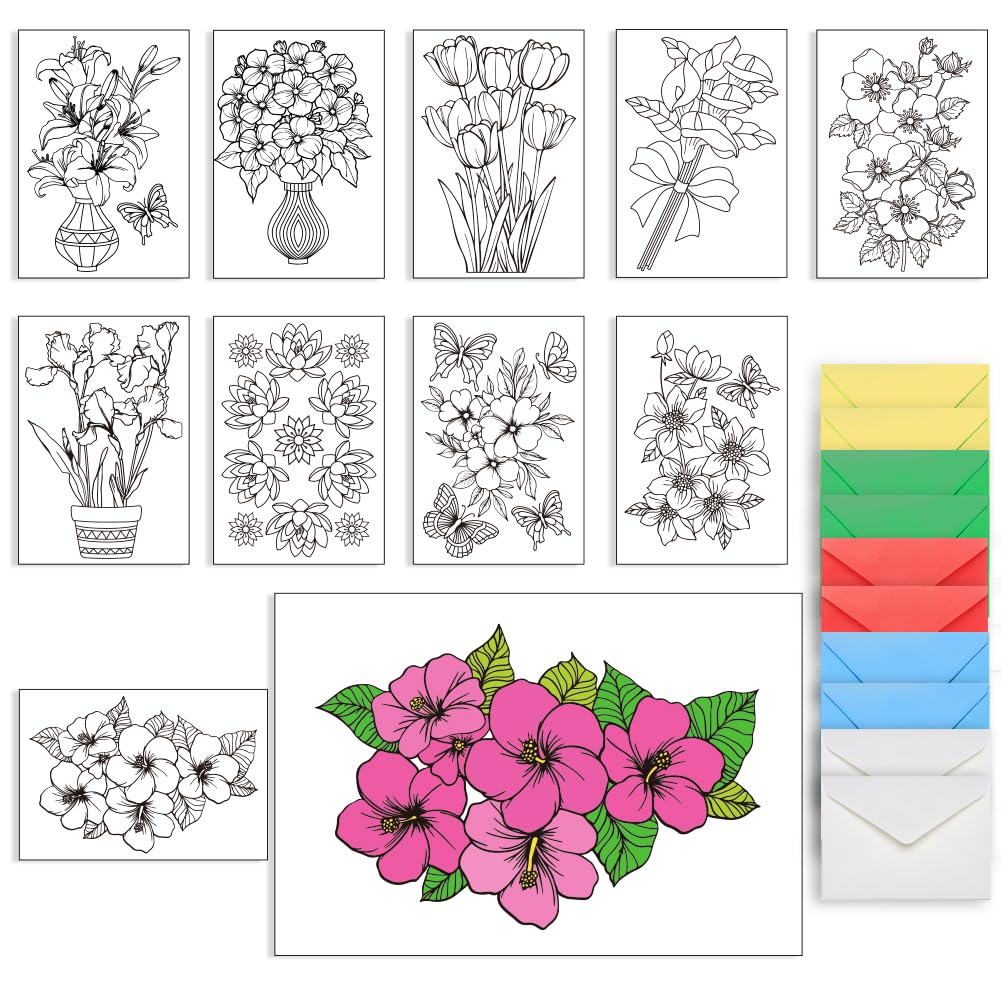 AHANDMAKER 10Pcs Flower Coloring Greeting Cards, Vase Painting Greeting Card Kit, Flower Coloring Greeting and Thank You Note Cards, 10 Cards with 5 Colors 10Pcs Envelopes Included (8x6 Inch)
