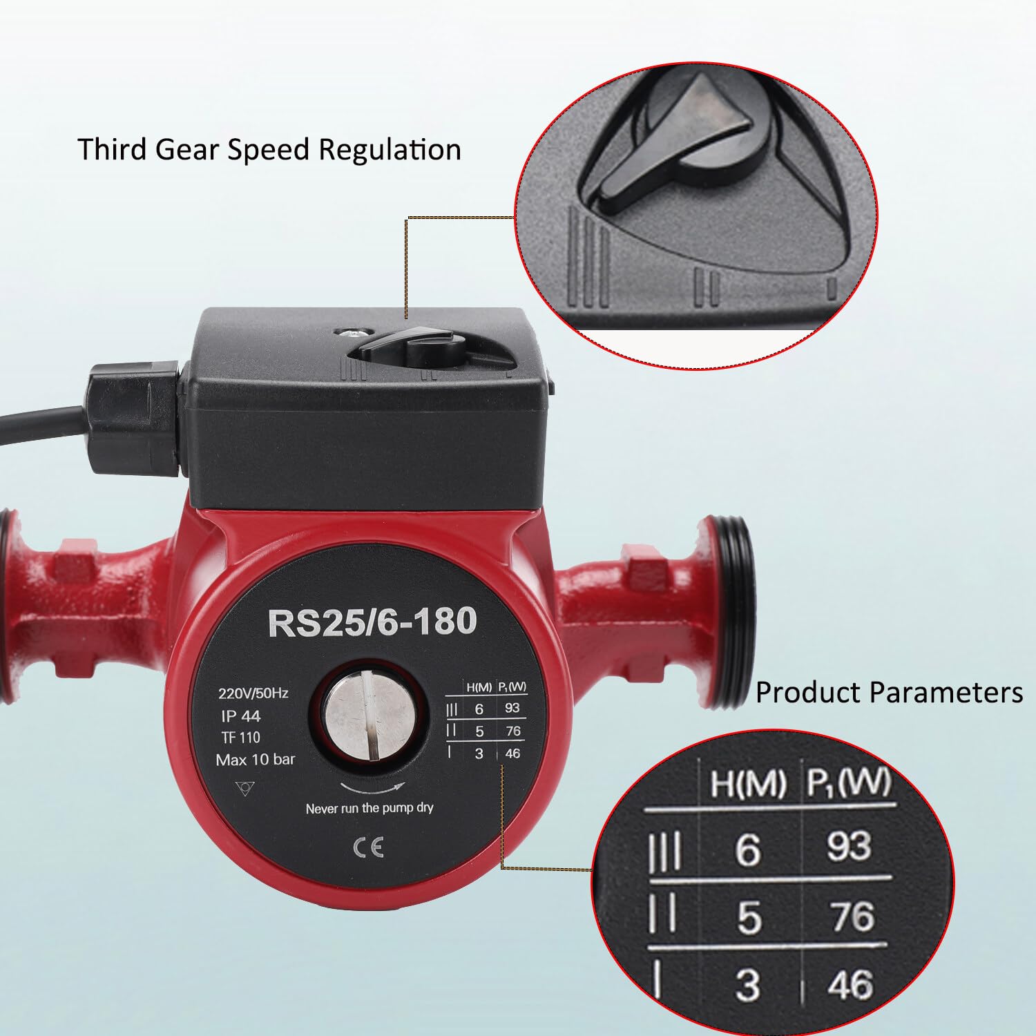 Pompe de Circulation Pompe à Eau Chaude, Circulateur de Chauffage Domestique Vitesse à 3 Niveaux 46/76/93W, Pompe de Chaudiere Circulateur pour Chauffage Central, 56l/min
