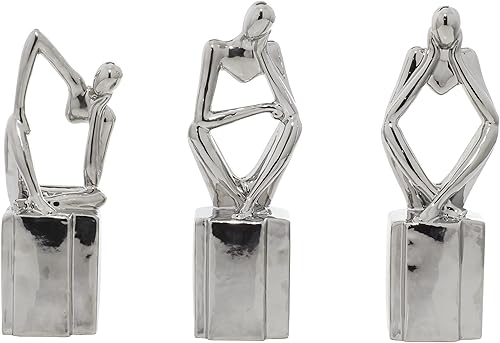 Miniatura 9 de CosmoLiving by Cosmopolitan Escultura decorativa de porcelana de cerámica, pensador sentado para decoración del hogar, juego de 3 figuras