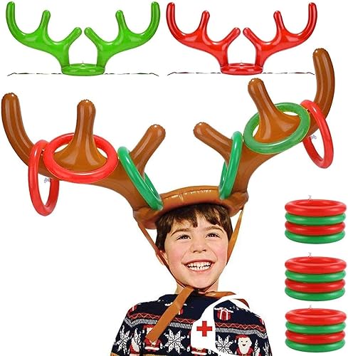 Juego de 15 piezas inflables de lanzamiento de anillos de cornamenta de reno para juegos de fiesta de Navidad para niños y adultos, juegos de