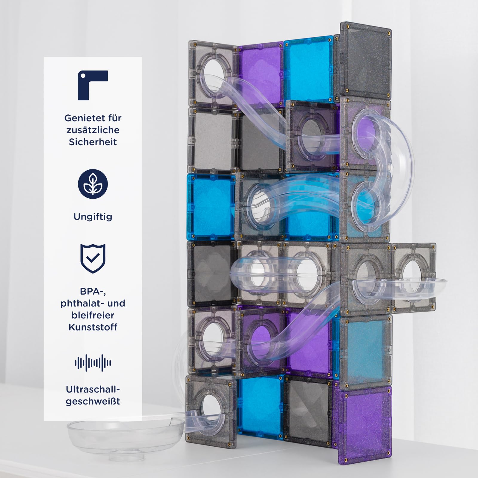 CONNETIX Magnetische Bausteine Kugelbahn Galaxie Pack, 61 Stück | Erschaffe funkelnde, weltraum-inspirierte Kugelbahnen mit Leuchtkugeln, Glitzerfliesen und klaren Röhren. Ab 3 Jahren.