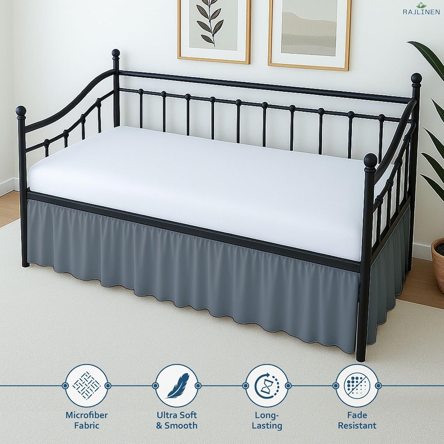 Rajlinen Twin Daybed Skirt, Ruffled 10 Inch Drop with Split Corners, 100% Microfiber, Easy Fit Dust Ruffle for Day Bed with 3-Side Coverage, Soft Decorative Classic Platform Fit, Dark Grey