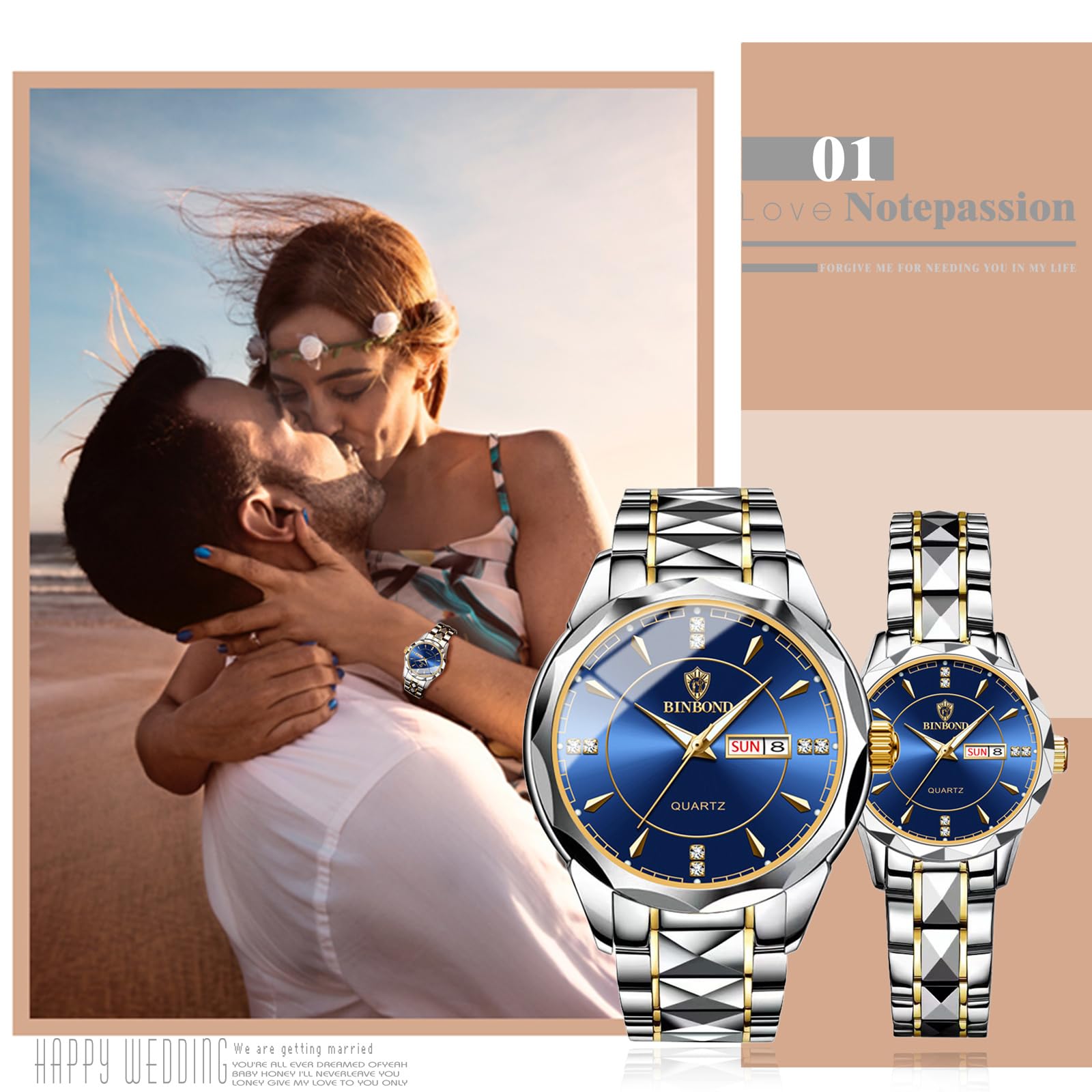 JewelryWe Paar Uhr Analog Quarz Kalender 30M Wasserdicht Partner Armbanduhr Edelstahl Armband Herren Damen Uhren mit Strass Zifferblatt