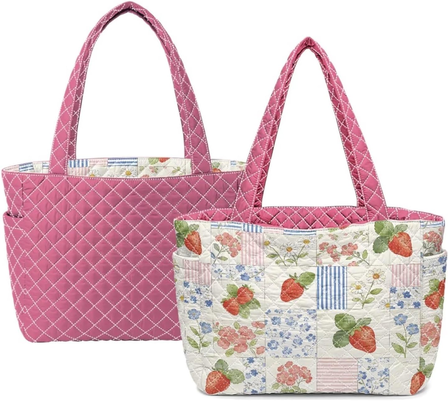Reversible Quilted Tote Bag 2-in-1 Large Quilted Shoulder Bag with Pockets Lightweight Pink for Women