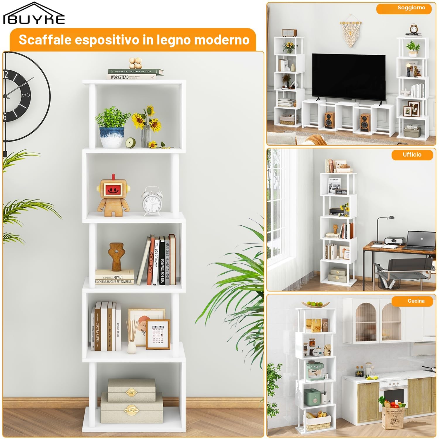 IBUYKE Libreria alta a 5/6 ripiani, libreria geometrica a forma di S, ripiani in legno con contenitore, libreria moderna per soggiorno, camera da letto, ufficio domestico, bianco WBC016W