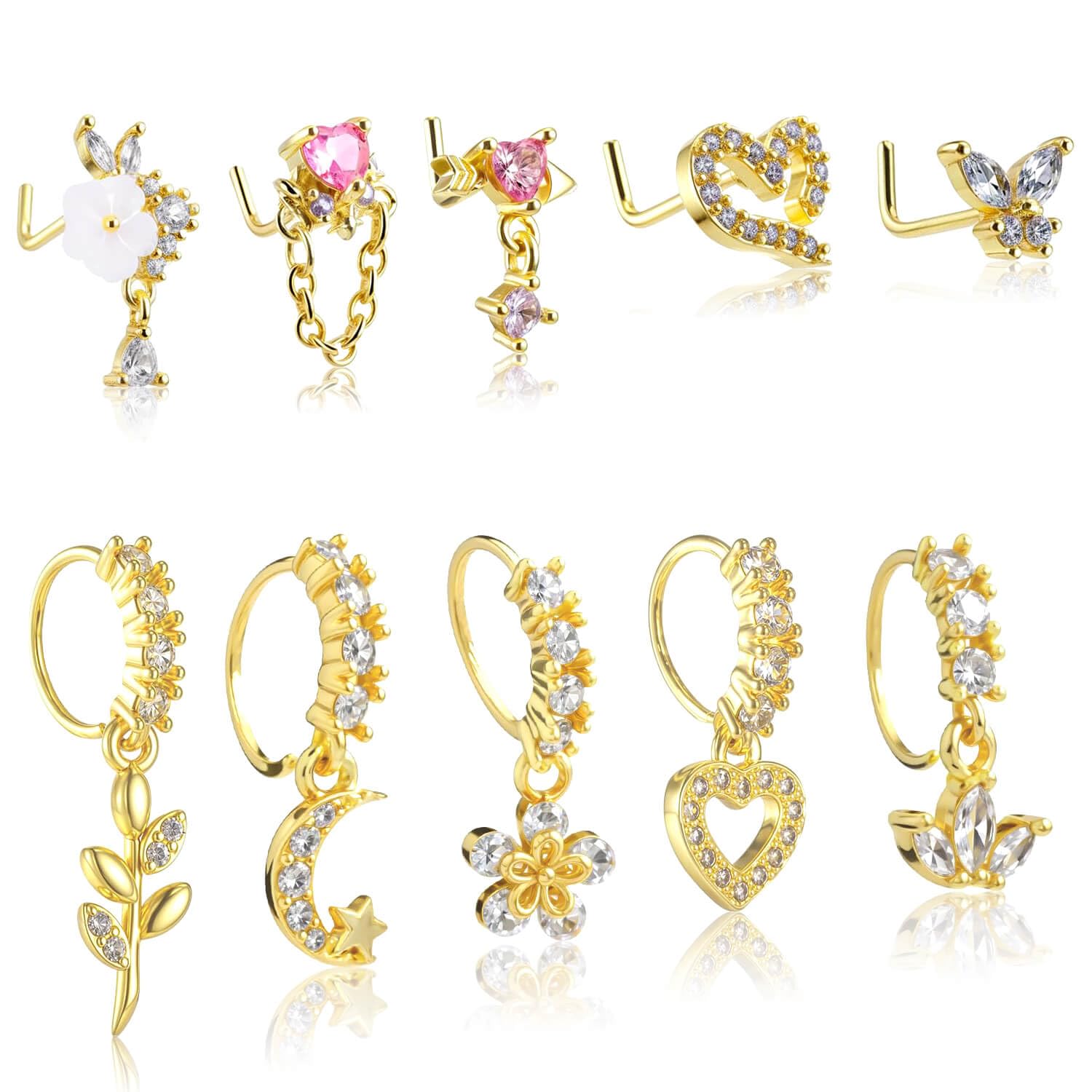 10 PCS Dangle Nose Rings Hoop for Women Gold L Shaped Rings Studs Dangling Septum Nose Piercing Jewelry Set Charm Heart Moon Butterfly Shape Cute Nose Rings Hoops Charm Cartilage Earring for Women-image-38