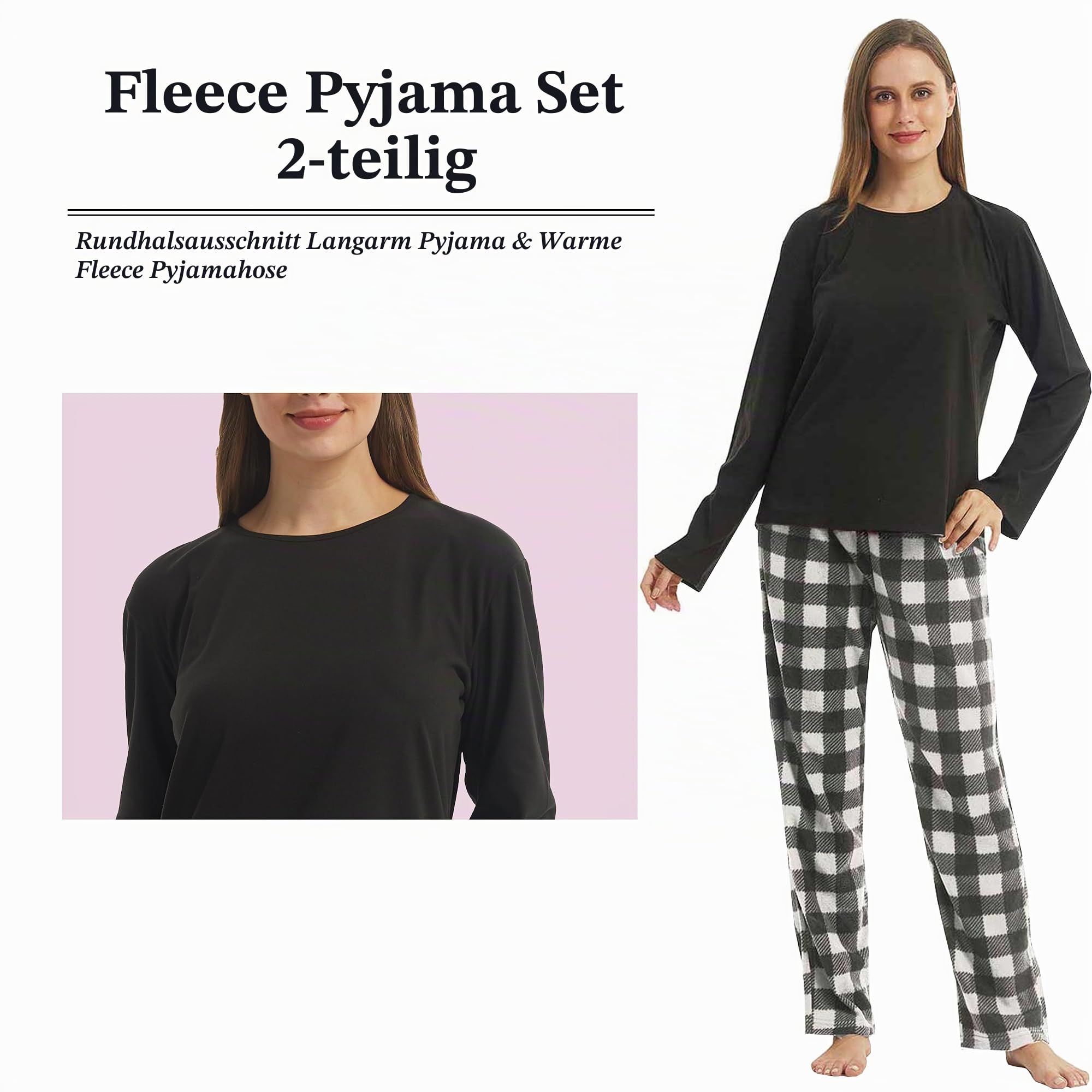 YUSHOW Schlafanzug Damen Lang Zweiteiliger Winter Pyjama Lange Oberteile Microfleece Karierte Pyjamahose Hausanzug Kuschelig Frauen Weihnachts Lounge Set