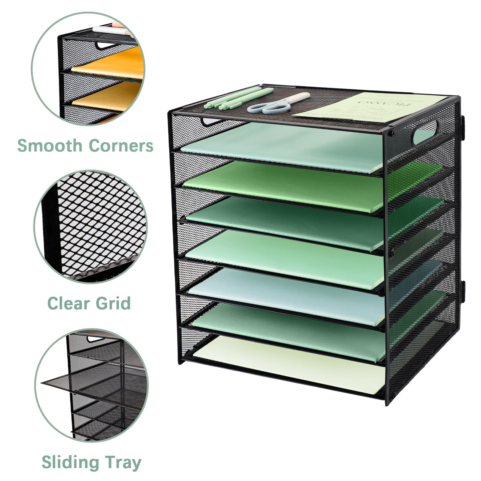 Vassoio per lettere con manico, organizer da scrivania a 8 ripiani in rete metallica, vassoi per documenti A4, porta riviste e documenti per casa, scuola, ufficio, nero