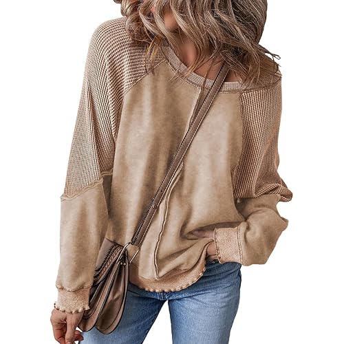 SHEWIN Womens Oversized Off The Shoulder Sweatshirt Casual Crewneck Long Sleeve Reverse Seam Waffle Knit Tops
