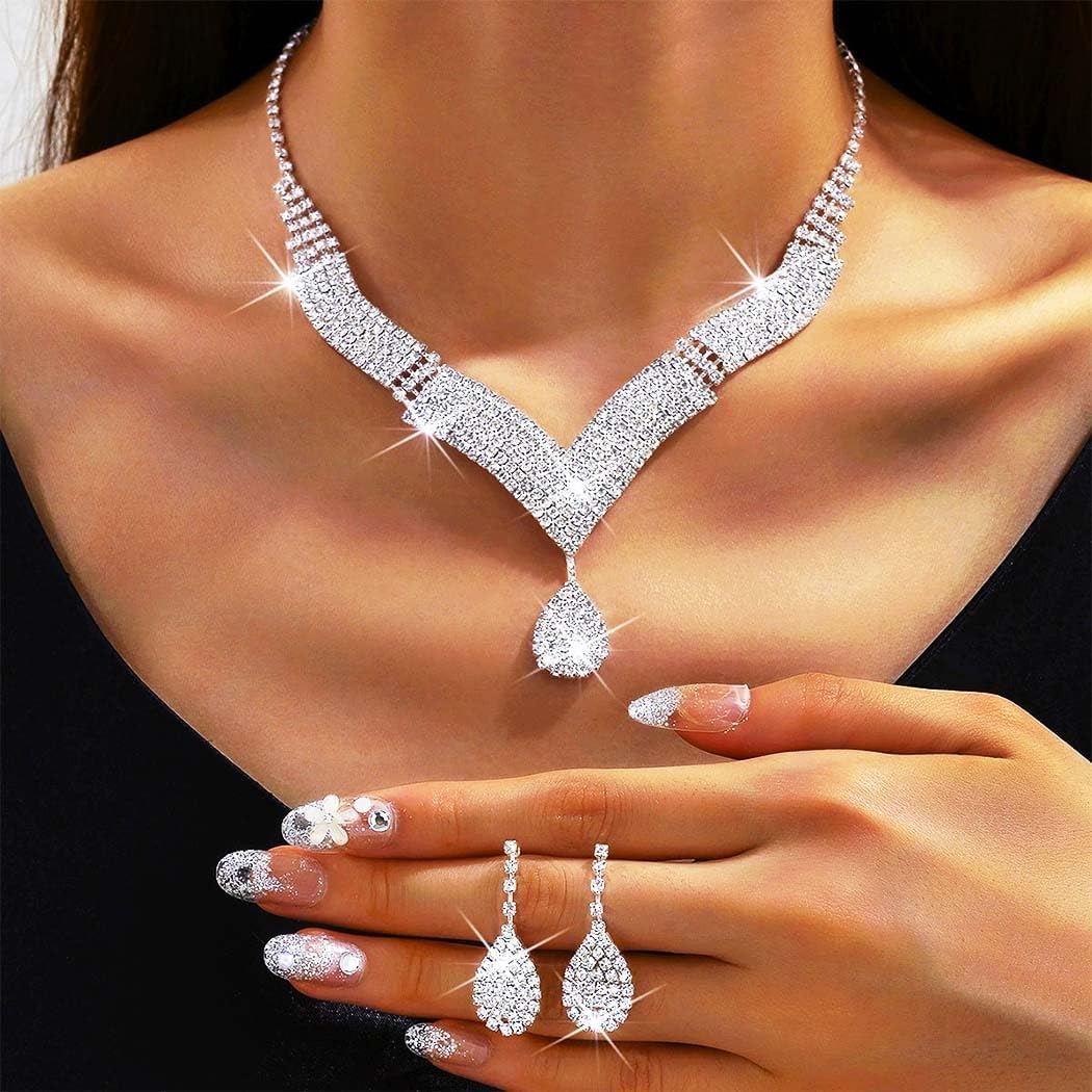 JAKAWIN Bridal Wedding Jewelry Set Silver Rhinestone Prom Necklace Earring Bracelet Set for Women - Image 6