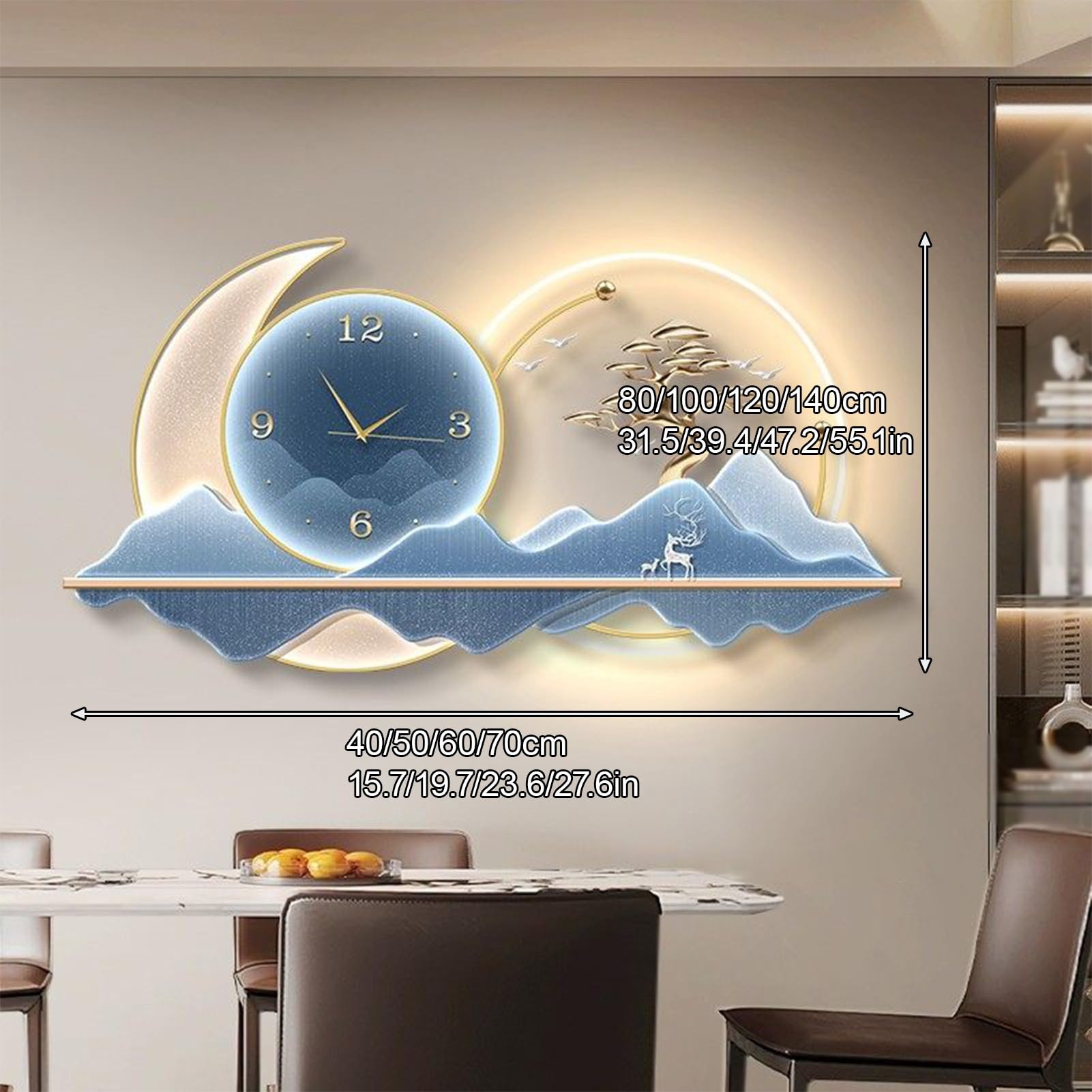 Zegar ścienny 3D ze światłem LED, duża rzeźba wisząca, dekoracja ścienna 3D z zegarem i światłem LED, do salonu, sypialni, wejścia, biura (brąz, 80 x 40 cm/31,5 x 15,7 cala)