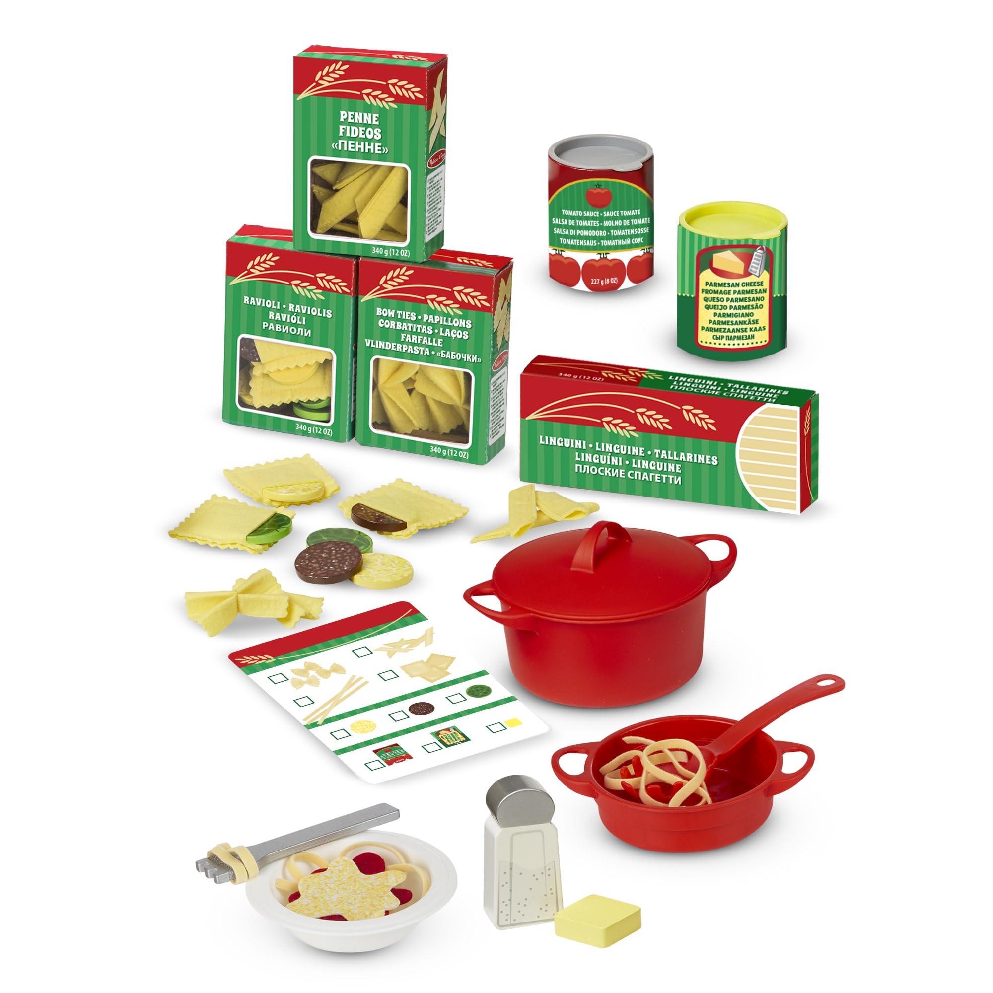 Melissa & Doug – zestaw do przygotowywania i podawania makaronu (zestaw zabawkowy, filcowy zestaw kuchenny, łatwe użytkowanie, zestaw ponad 50-elementowy, wys. 25,4 cm x szer. 22,86 cm x dł. 7,62 cm)