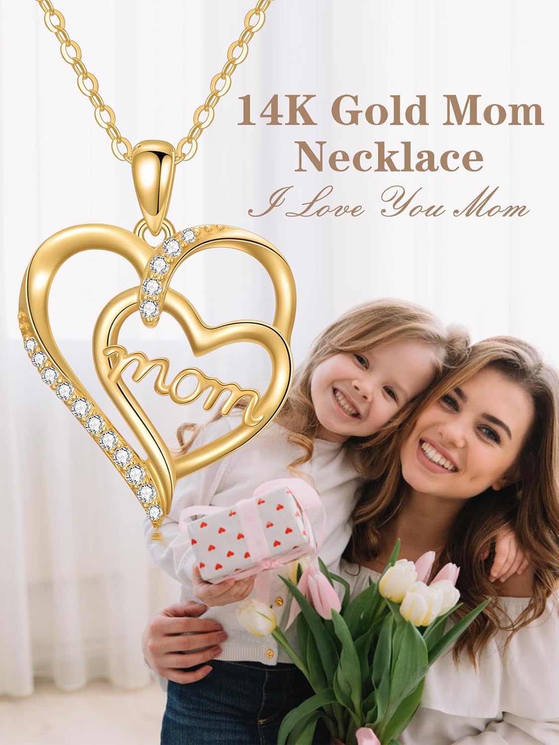 14k Solid Gold Mothers Day Necklace for Women, 14k Gold I Love You Mom Heart Pendant Mother Daughter Necklace Jewelry Birthday Mothers Day Thanksgiving Gifts for Her Mom Grandma Mother in Law - Image 2