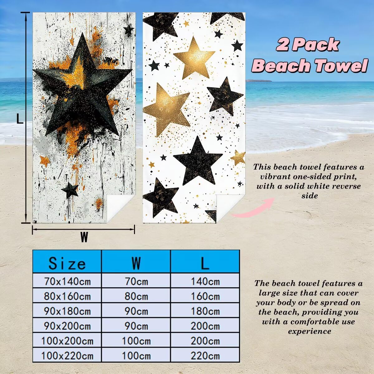 Toalla Playa 90x200 cm, Toalla Gimnasio Microfibra Secado Rapido, Juego de 2 Antiarena Toallas de Playa, Ligera Compacta Toallas Microfibra Grande para Viaje, Regalo Hombre Mujer (Estrella) -3829