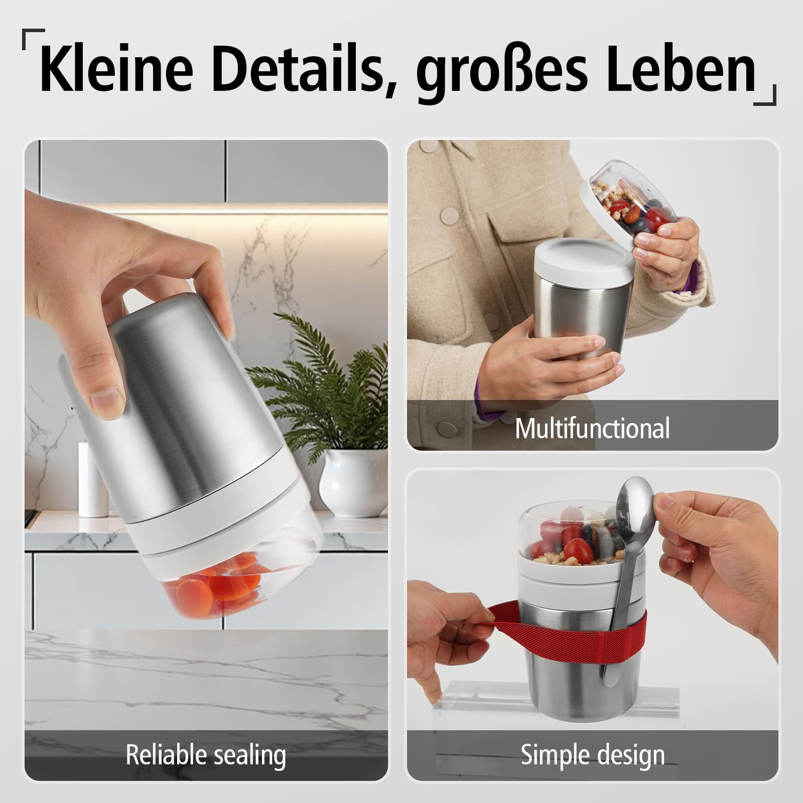 Kubek na musli na wynos 500 + 200 ml, ze stali nierdzewnej, wewnętrzna ścianka, kubek termiczny do jedzenia, izolowana stal szlachetna kubek na jogurt do musli