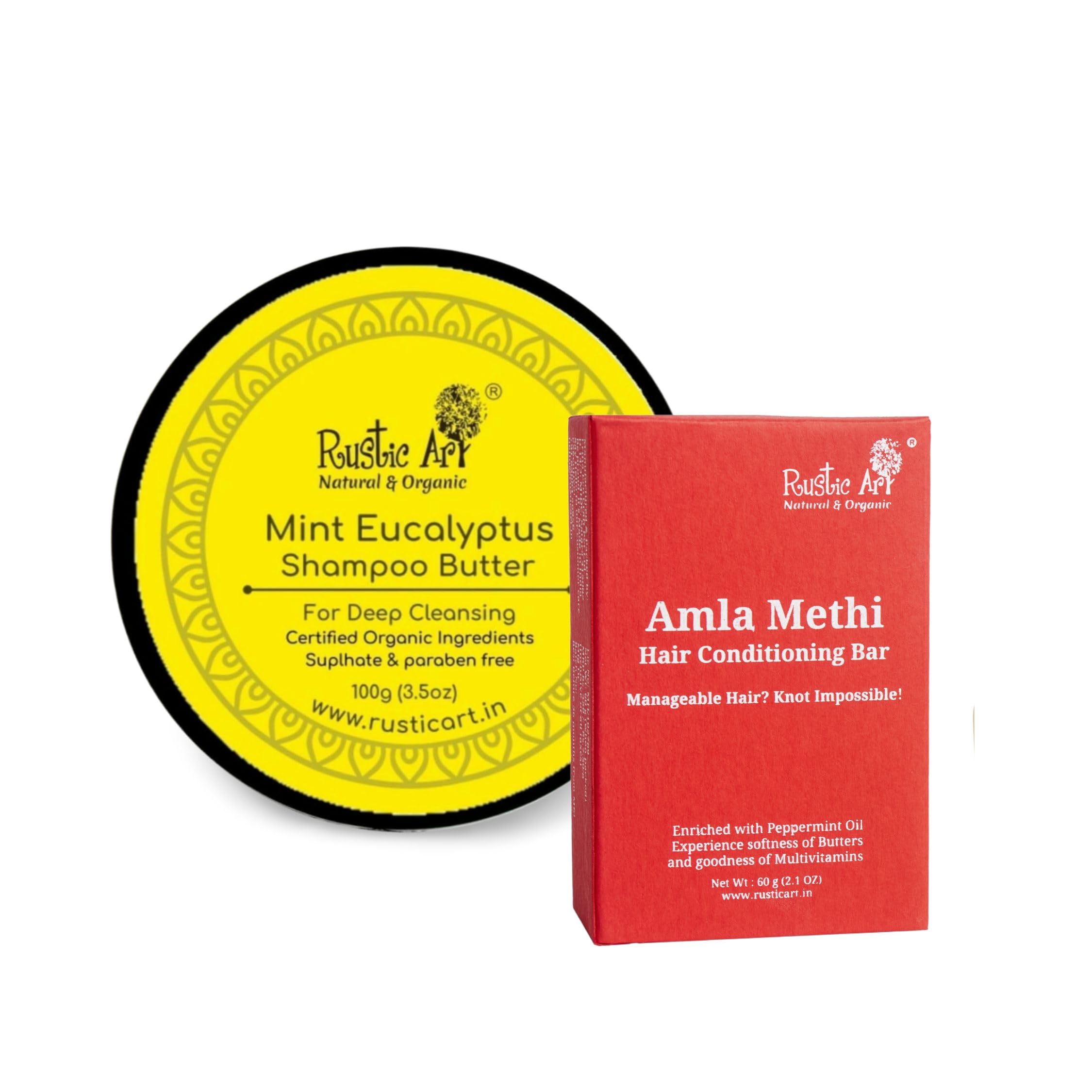 Rustic Art Amla Methi Hair Conditioning Bar and Mint Eucalyptus Shampoo Butter | Cleanse & Conditioning Duo | Sulphate Free | Travel‑Friendly Solids-image-46