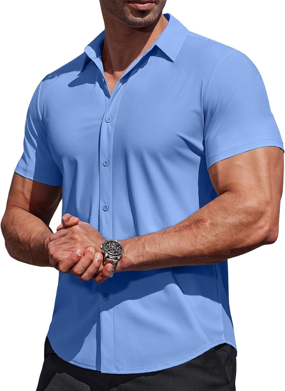 COOFANDY Mens Muscle Fit Dress Shirts Stretch Wrinkle Free Short Sleeve Button Down Shirt Casual Solid Untucked Shirt