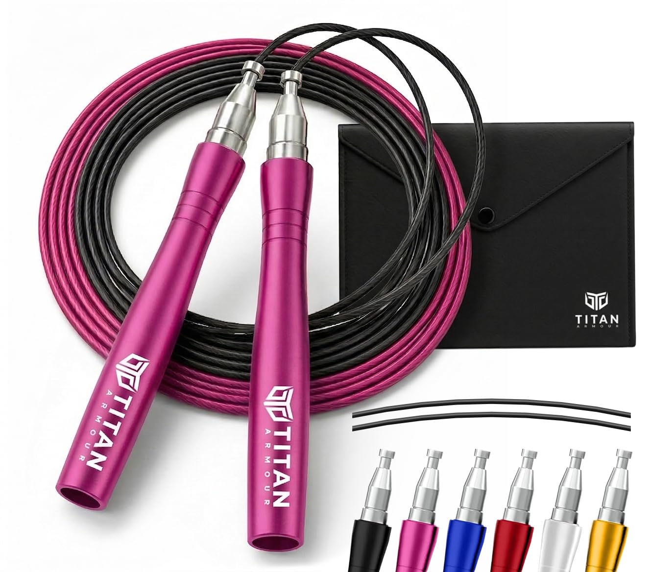 Titan Armour® Premium Self-Locking & Adjustable, Adult Speed Skipping Rope | 2 x Steel Ropes, Cable Protector & Travel Case | Pro Jump Rope: Fitness, Crossfit, Boxing, MMA | UK Brand (Pink)