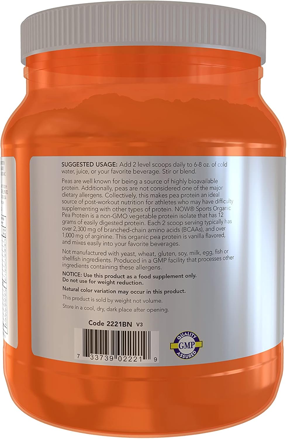 NOW Sports Nutrition, Certified Organic Pea Protein, 12g With BCAAs, Creamy Natural Vanilla Powder, 1.5 lb : Health & Household